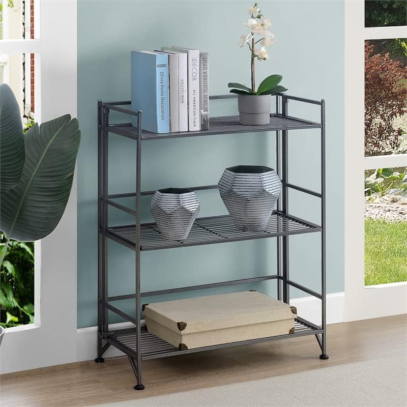 Convenience Concepts Xtra Storage Shelves - 3-Tier Wide Folding Metal Shelving. Modern Shelves for Storage and Display in Living Room. Bathroom. Office. Kitchen. Garage. Speckled Gray