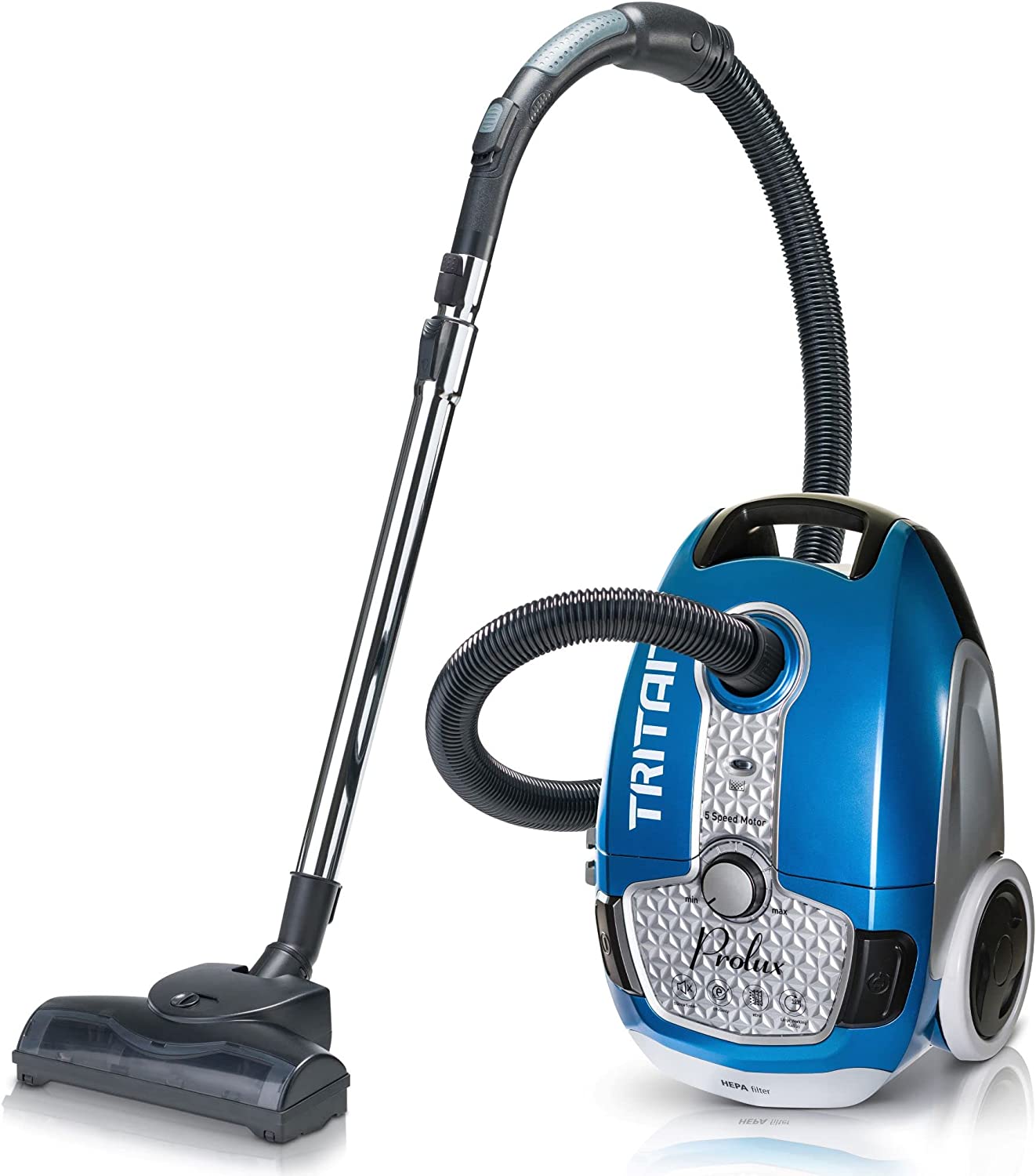 Prolux Tritan Bagged Canister Vacuum with HEPA Filtration and Complete Home Care Tool Kit. Tritan Blue