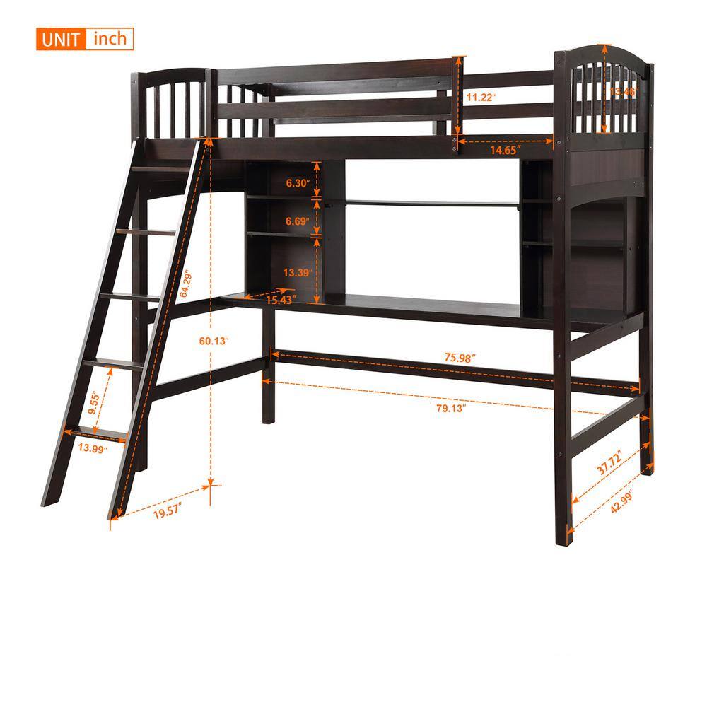 Harper & Bright Designs  Espresso Wood Twin Size Loft Bed with Storage Shelves and Desk