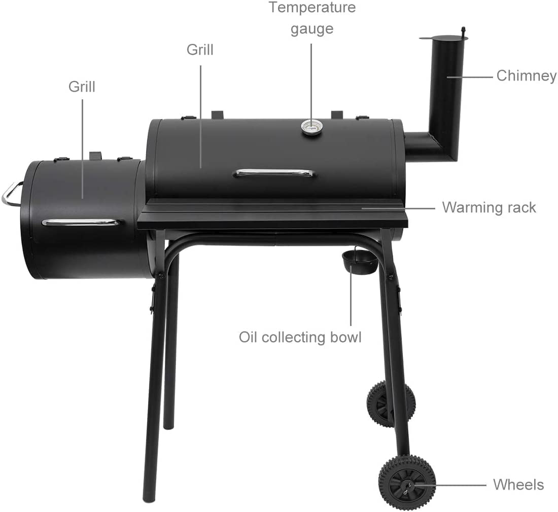 AEDILYS 41″ Charcoal Barrel Grill with Offset Smoker. Black
