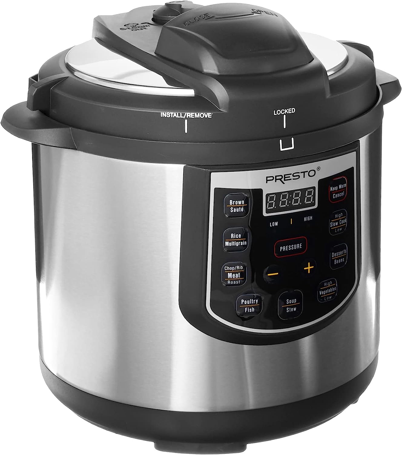 Presto 02141 6-Quart Electric Pressure Cooker. Black. Silver. Stainless steel