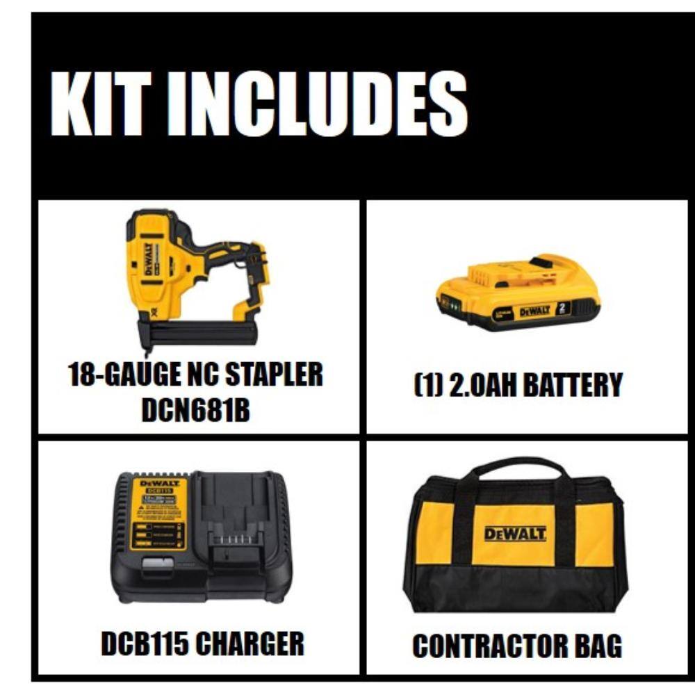 DEWALT DCN681D1 20V MAX XR Lithium-Ion Cordless 18-Gauge Narrow Crown Stapler Kit with 2.0Ah Battery. Charger and Contractor Bag