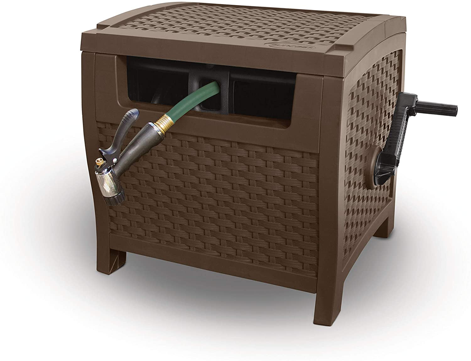 Suncast Wicker Style Resin Hose Hideaway with Hose Guide. Java. 175 Feet
