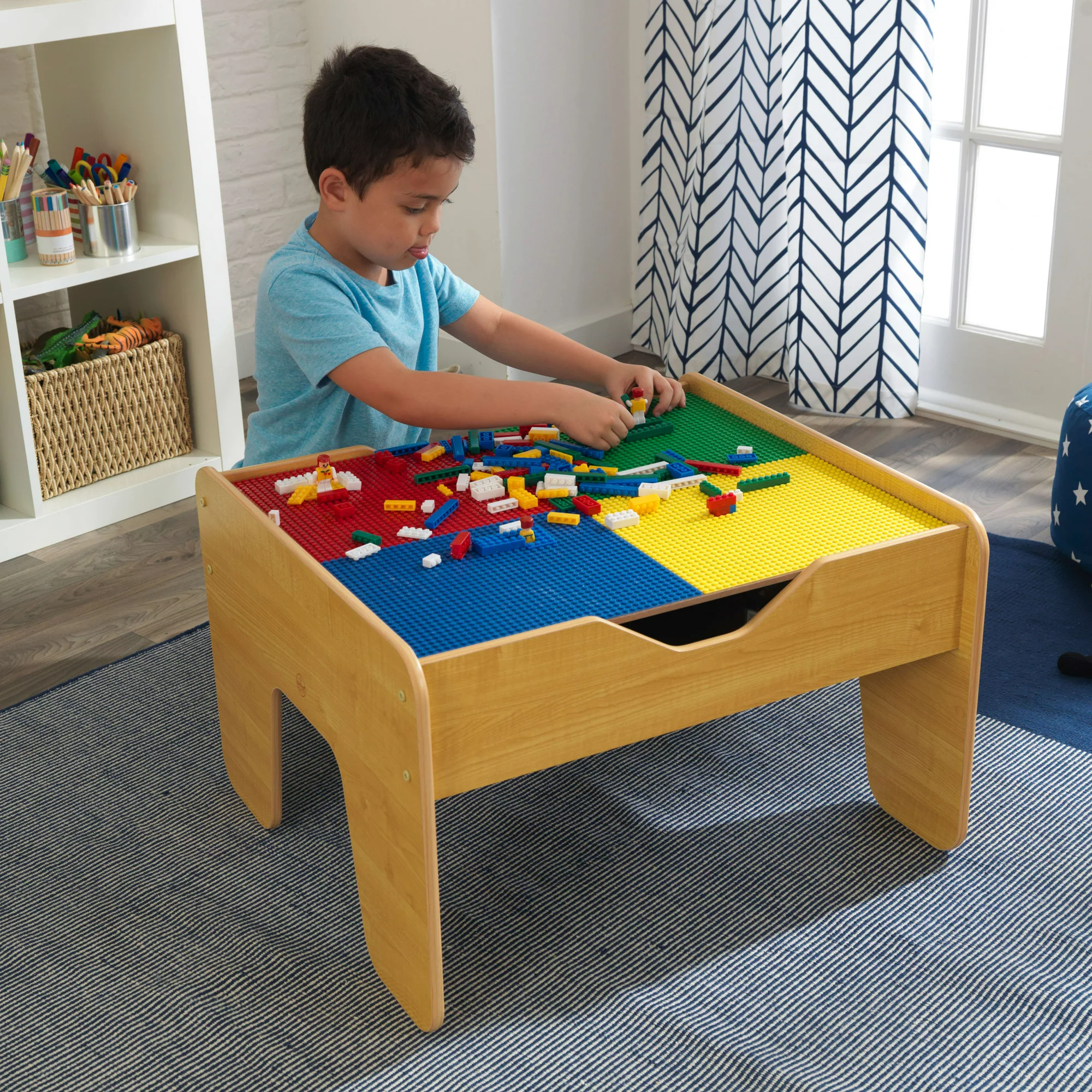 KidKraft Reversible Wooden Activity Table with Board and Train Set. Natural