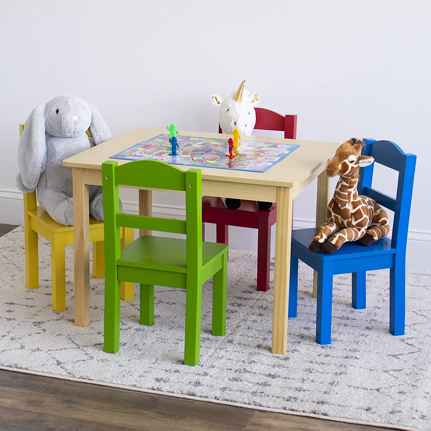 Humble Crew Collection Kids Wood Table & 4 Chair Set. Natural/Primary
