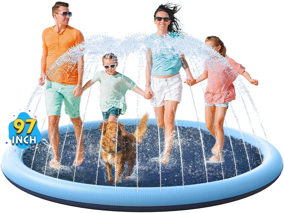 VISTOP Non-Slip Splash Pad for Kids and Dog. Thicken Sprinkler Pool Summer Outdoor Water Toys - Fun Backyard Fountain Play Mat for Baby Girls Boys Children or Pet Dog (97 inch. Blue&Blue)