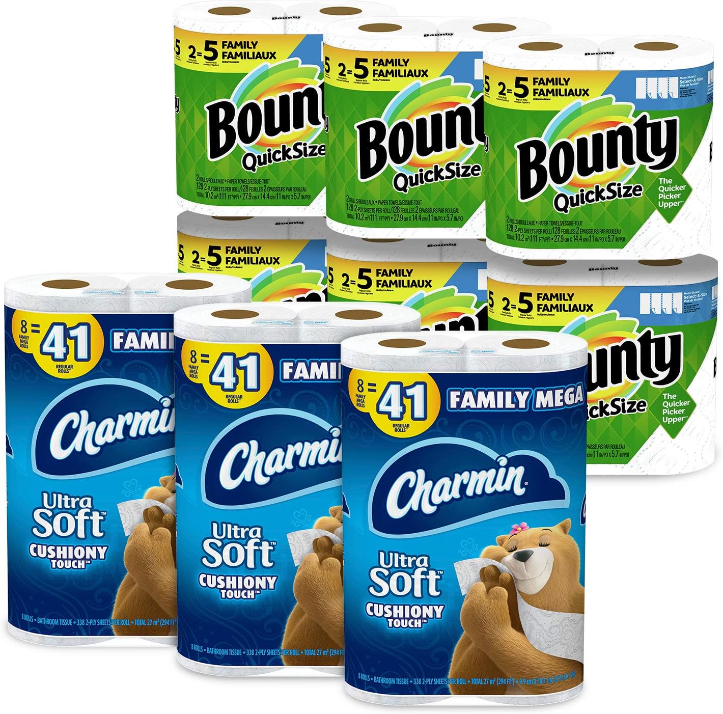 Charmin Ultra Soft Cushiony Touch Toilet Paper. 24 Family Mega Rolls and Bounty Quick-Size Paper Towels.12 Family Rolls. Bundle