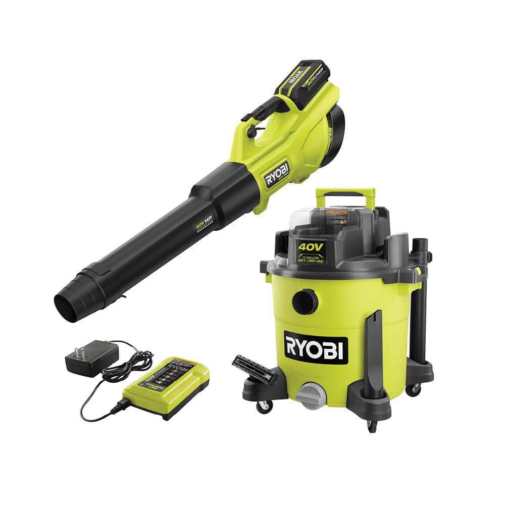 RYOBI RY40WD01B-RY404130VNM 40V 10 Gal. Cordless Wet/Dry Vacuum with 40V HP Brushless Whisper Series Leaf Blower. 4.0 Ah Battery. and Charger