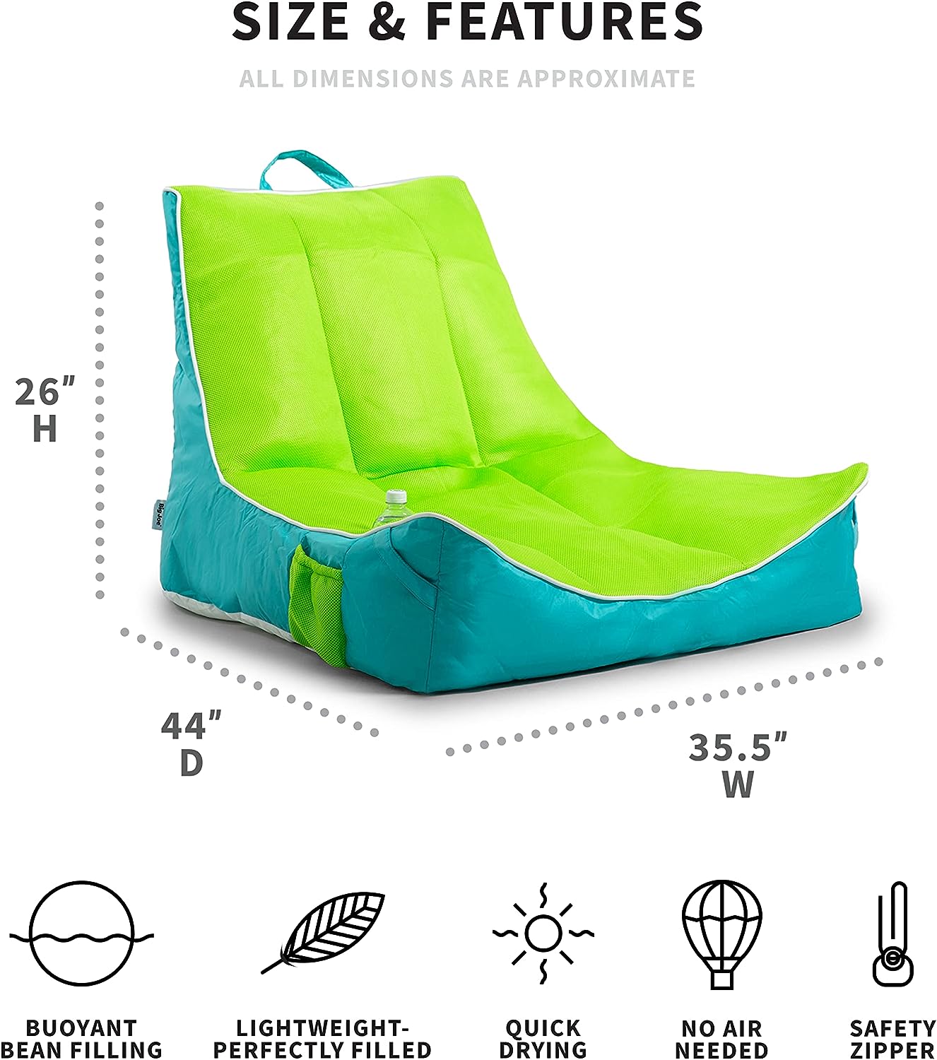 Big Joe Captain-s Float No Inflation Needed Pool Lounger with Drink Holder. Lime/Capri Mesh. Quick Draining Fabric. 3 feet
