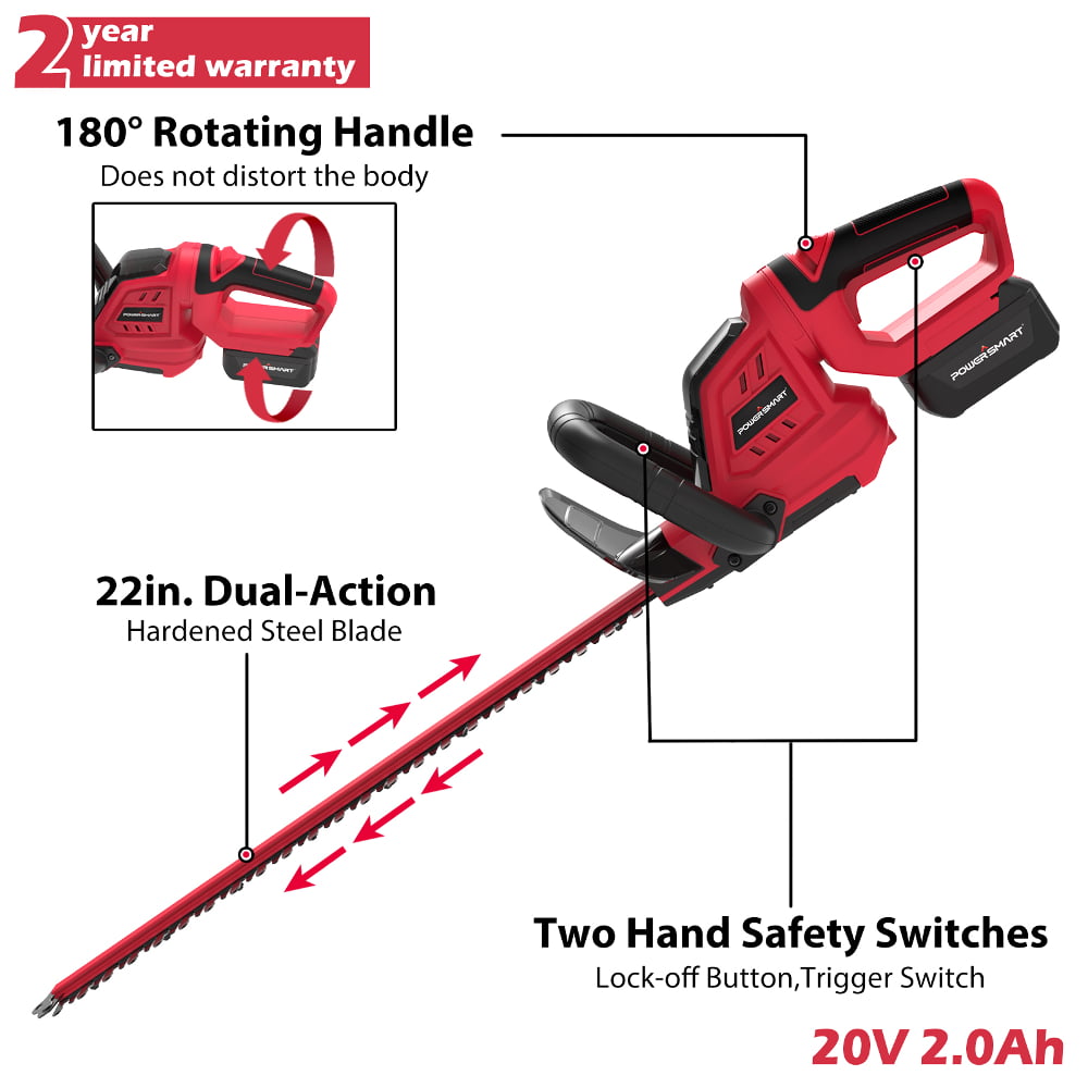 PowerSmart 20V Lithium-Ion Cordless 22 inch Hedge Trimmer. PS76106A 2.0 Ah Battery and Charger Included