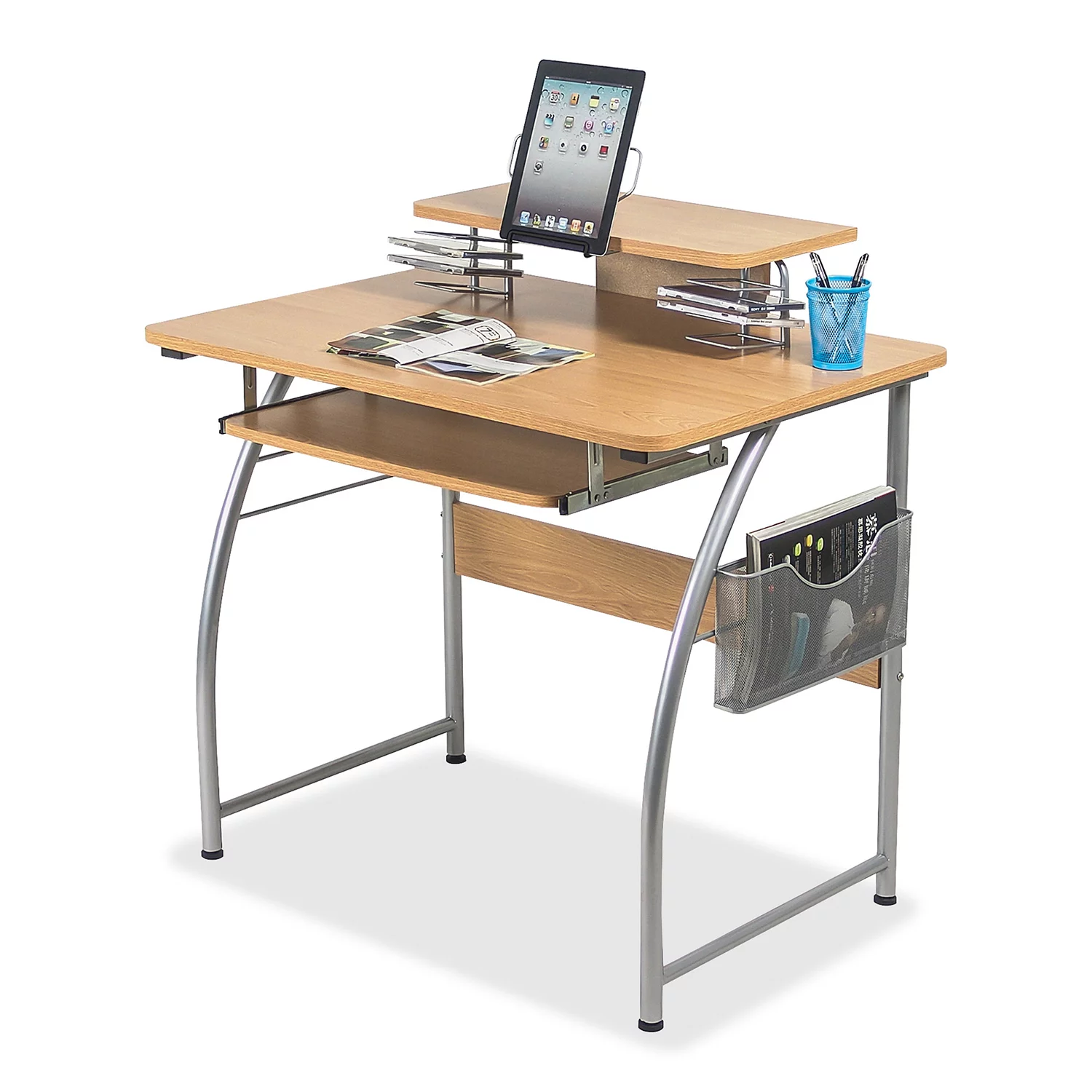 Lorell Laminate Computer Desk with Upper Shelf. Maple