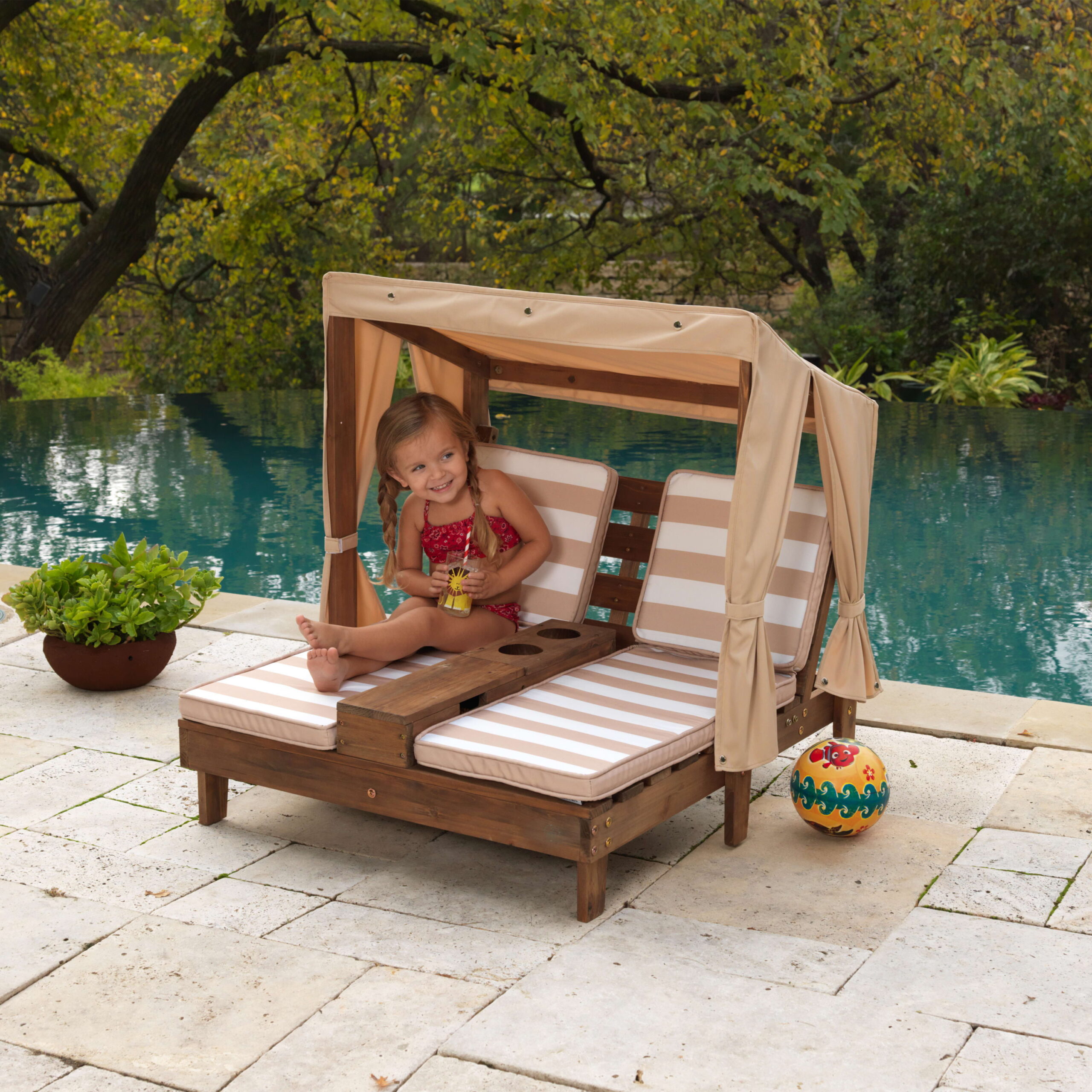 KidKraft Wooden Outdoor Double Chaise Lounge with Cup Holders. Espresso