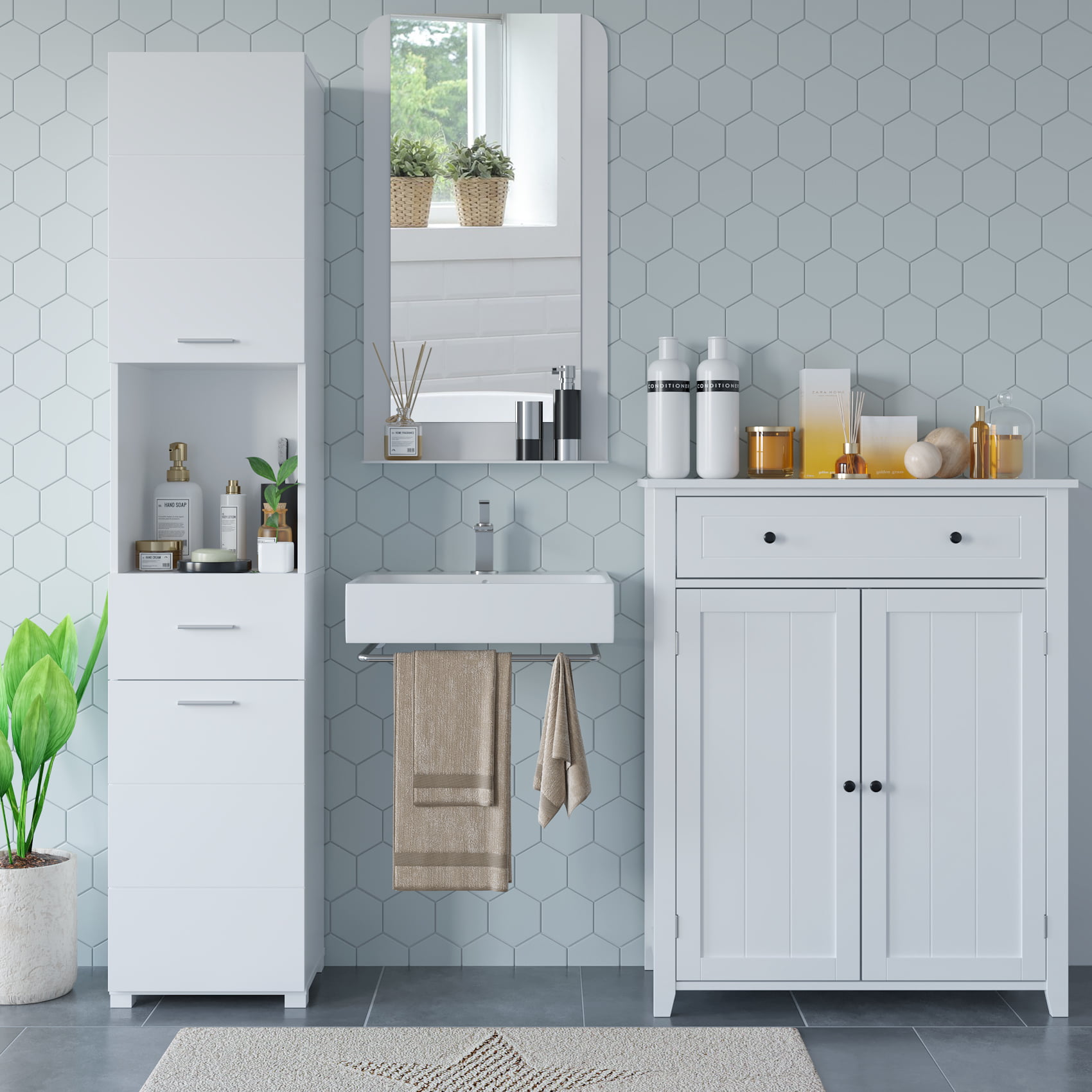 Homfa White Cabinet with Doors and Shelves. 71” Floor Standing Wood Shelving Units for Bathroom