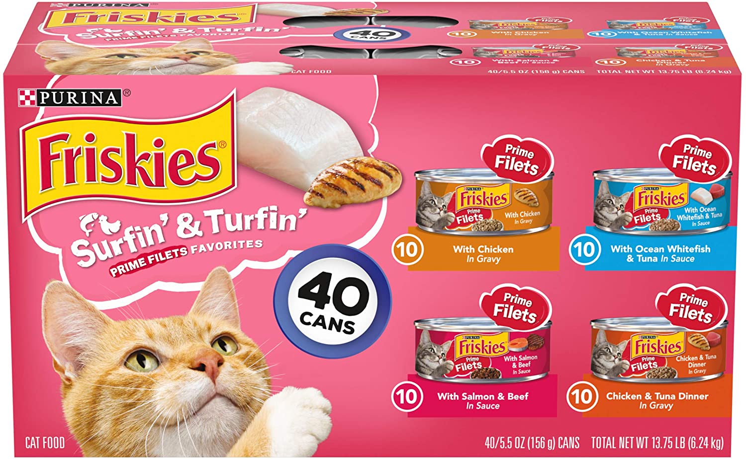 Purina Friskies Wet Cat Food Variety Pack. Surfin- & Turfin- Prime Filets Favorites - (40) 5.5 oz. Cans
