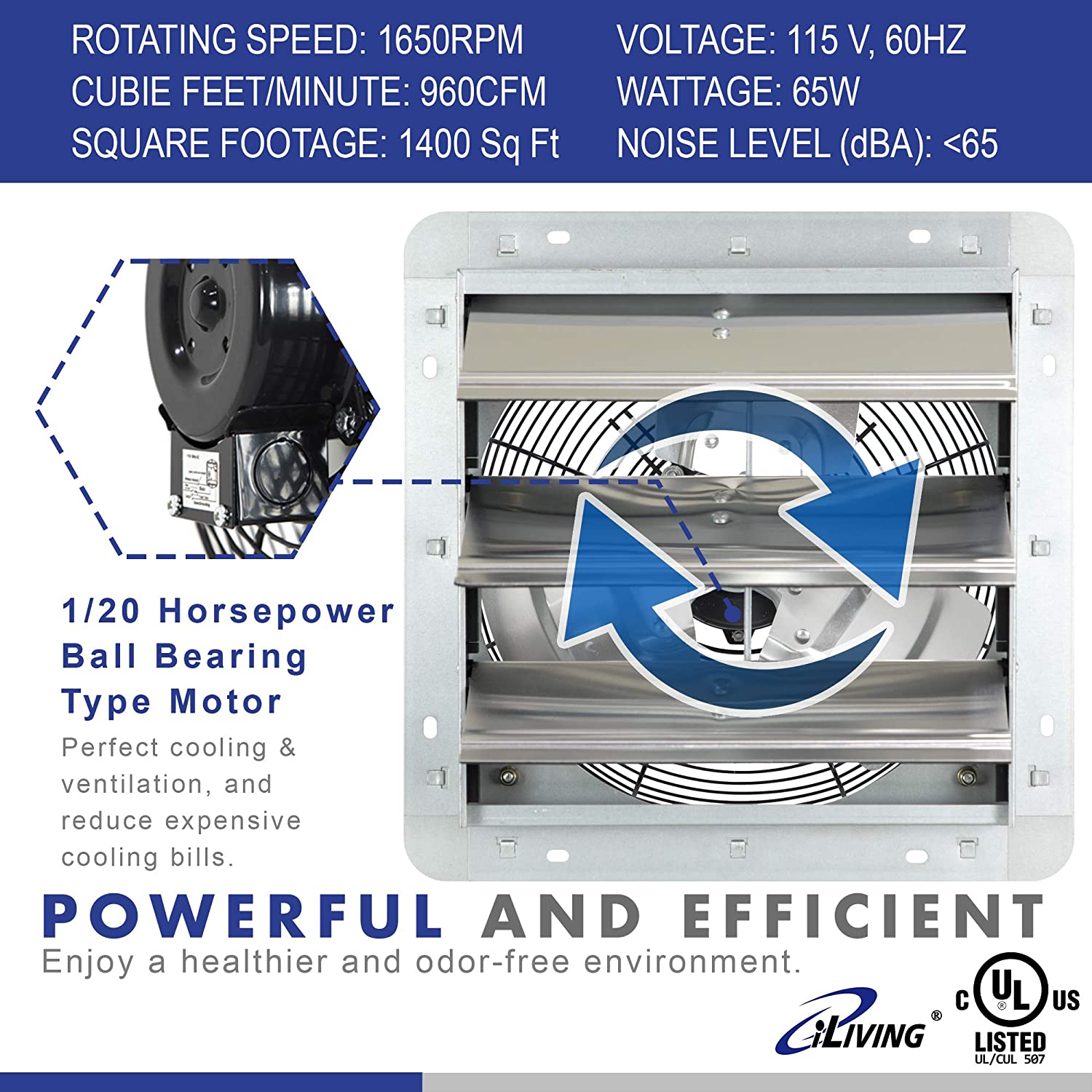 iLiving ILG8SF12V - 12″ Wall Mounted Exhaust Fan - Automatic Shutter - Variable Speed - Vent Fan For Home Attic. Shed. or Garage Ventilation. 960 CFM. 1400 SQF Coverage Area (Power Cord Not Included)