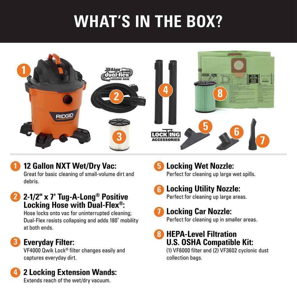 RIDGID HD1200E 12 Gallon 5.0 Peak HP NXT Wet/Dry Shop Vacuum with Filter. Locking Hose. Accessories. OSHA and HEPA Filtration Kit