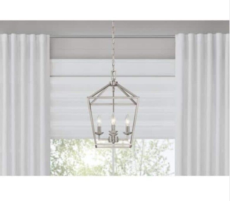 Home Decorators Collection Weyburn 4-Light Brushed Nickel Caged Farmhouse Chandelier for Dining Room. Lantern Kitchen Light