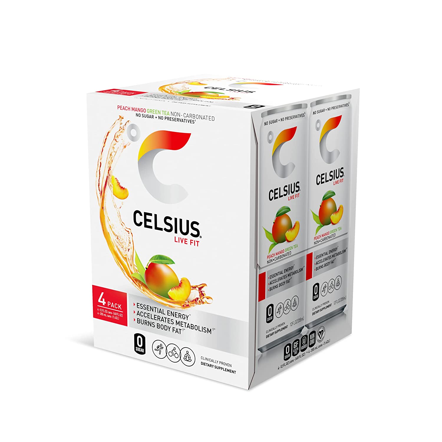 CELSIUS Essential Energy Drink 12 Fl Oz. Peach Mango Green Tea (Pack of 24)