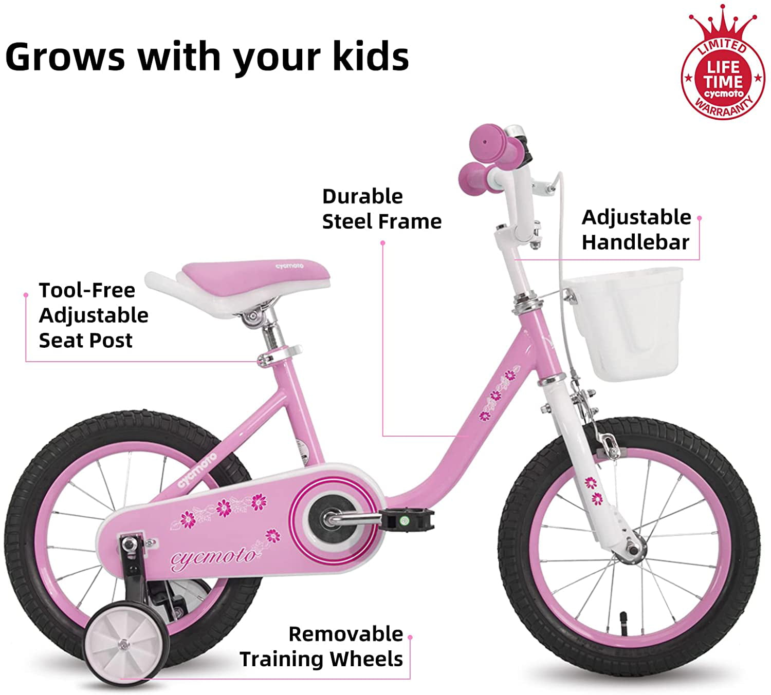 CYCMOTO Girls Bike for 3-9 Years Old Kids 14 16 Kids Bike with Training Wheels. Basket. and Hand Brake Color Blue Pink Purple