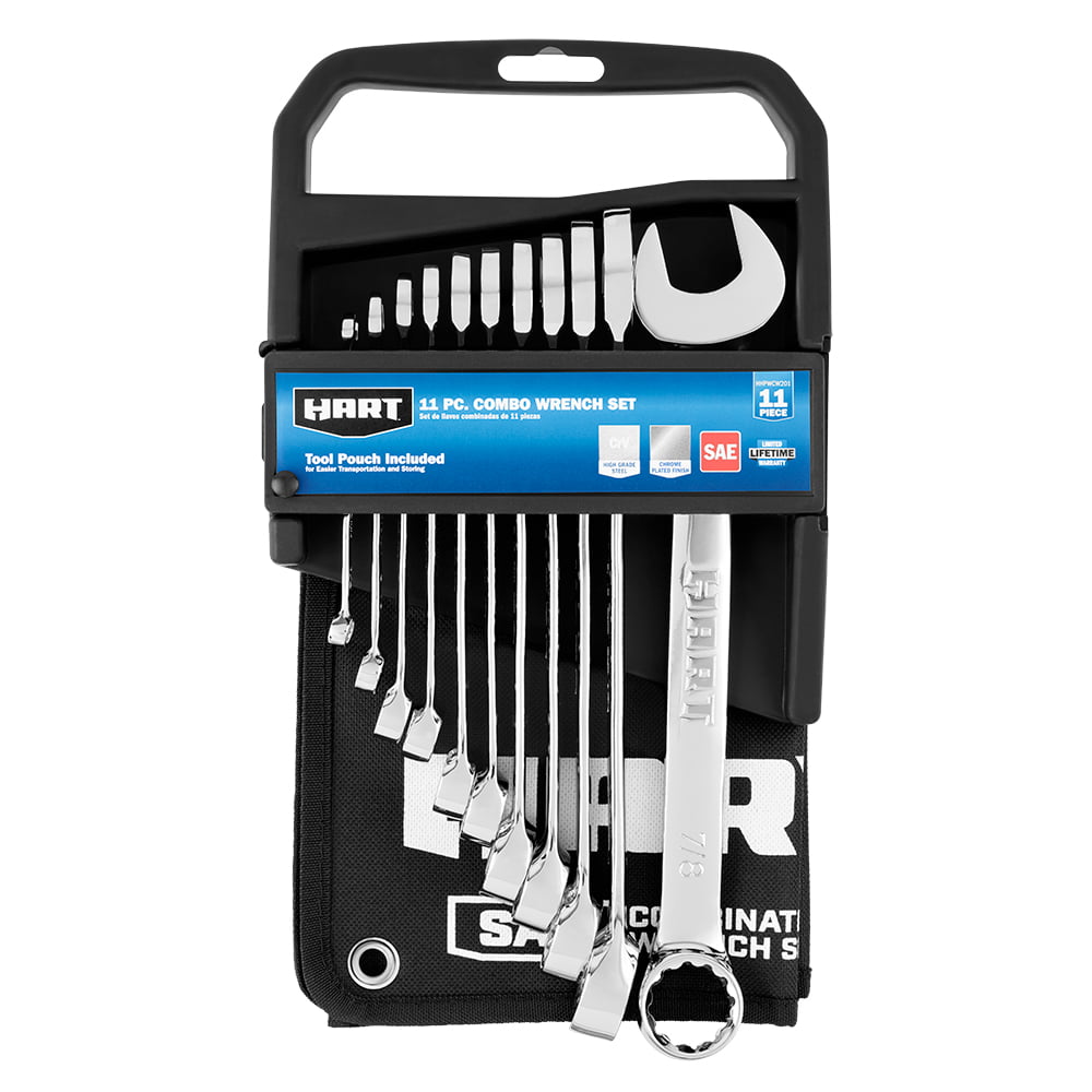 HART 11-Piece SAE Combination Wrench Set with Tool Pouch. Chrome Vanadium