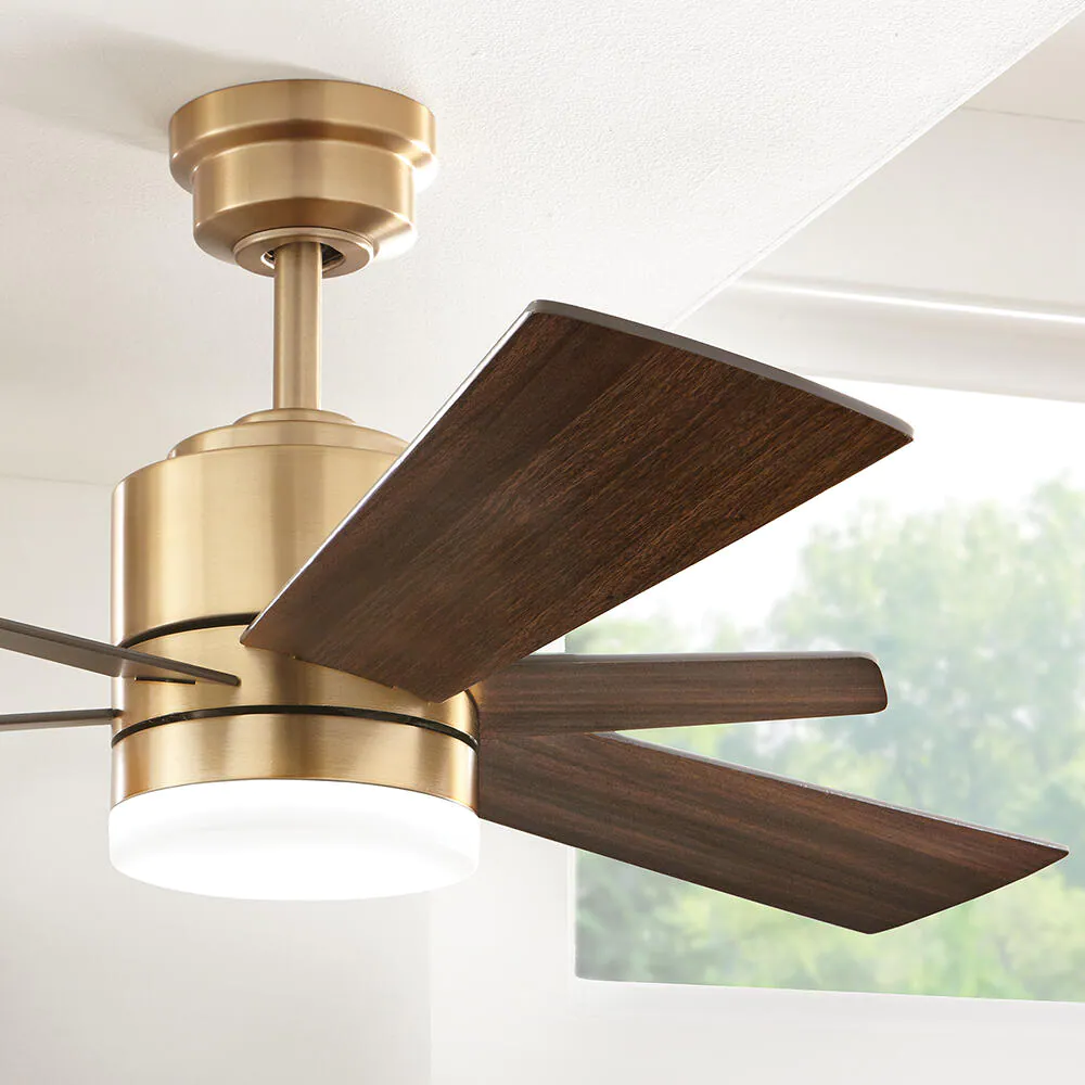 Home Decorators Collection 56024 Hexton 52 in. Indoor Integrated LED Brushed Gold Ceiling Fan with Light Kit. Remote Control and 6 Reversible Blades