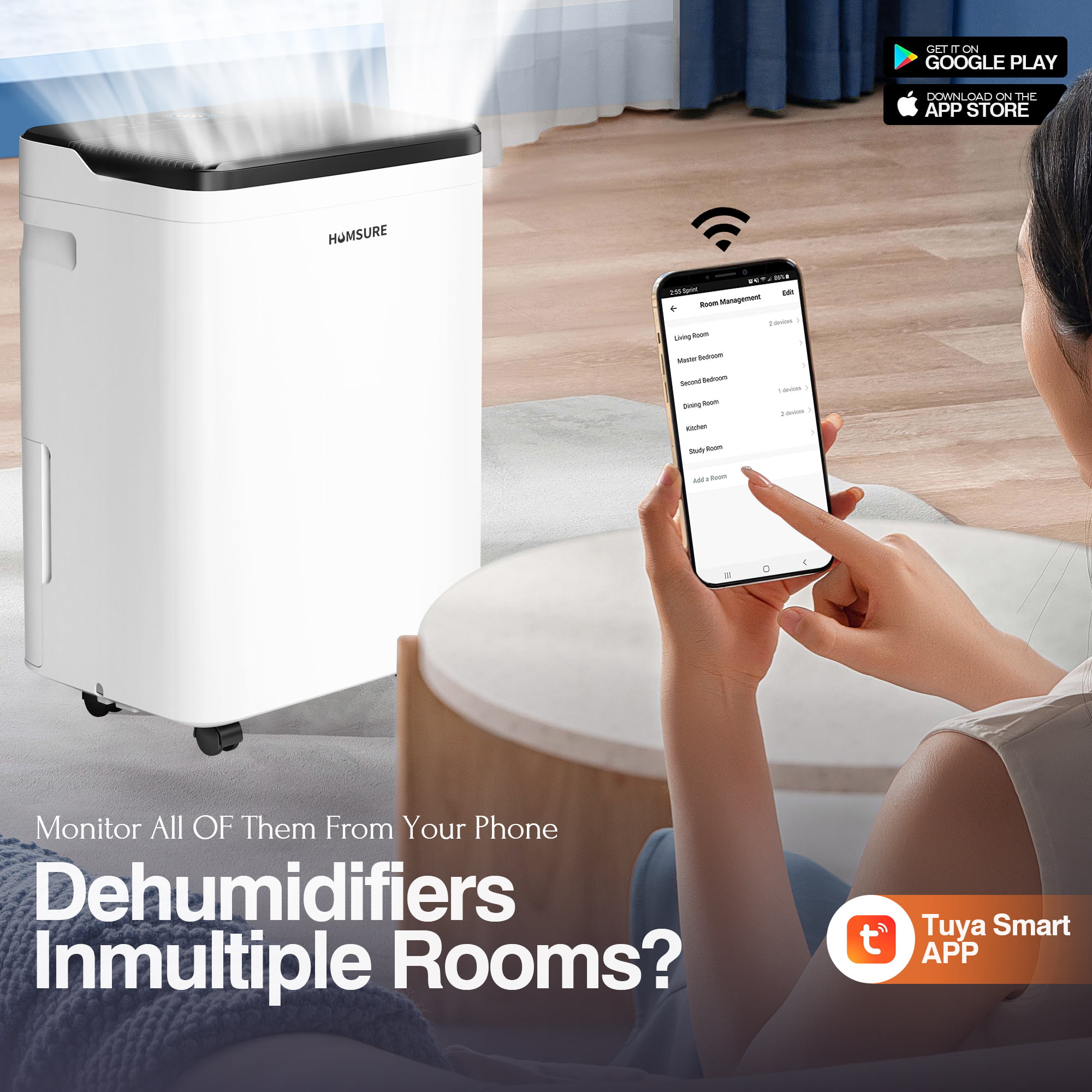 Humsure Intelligent Wifi Dehumidifier  70 Pint 4500 Sq. Ft.Humidity Control Dehumidifier.  for Basements Large Rooms (White)