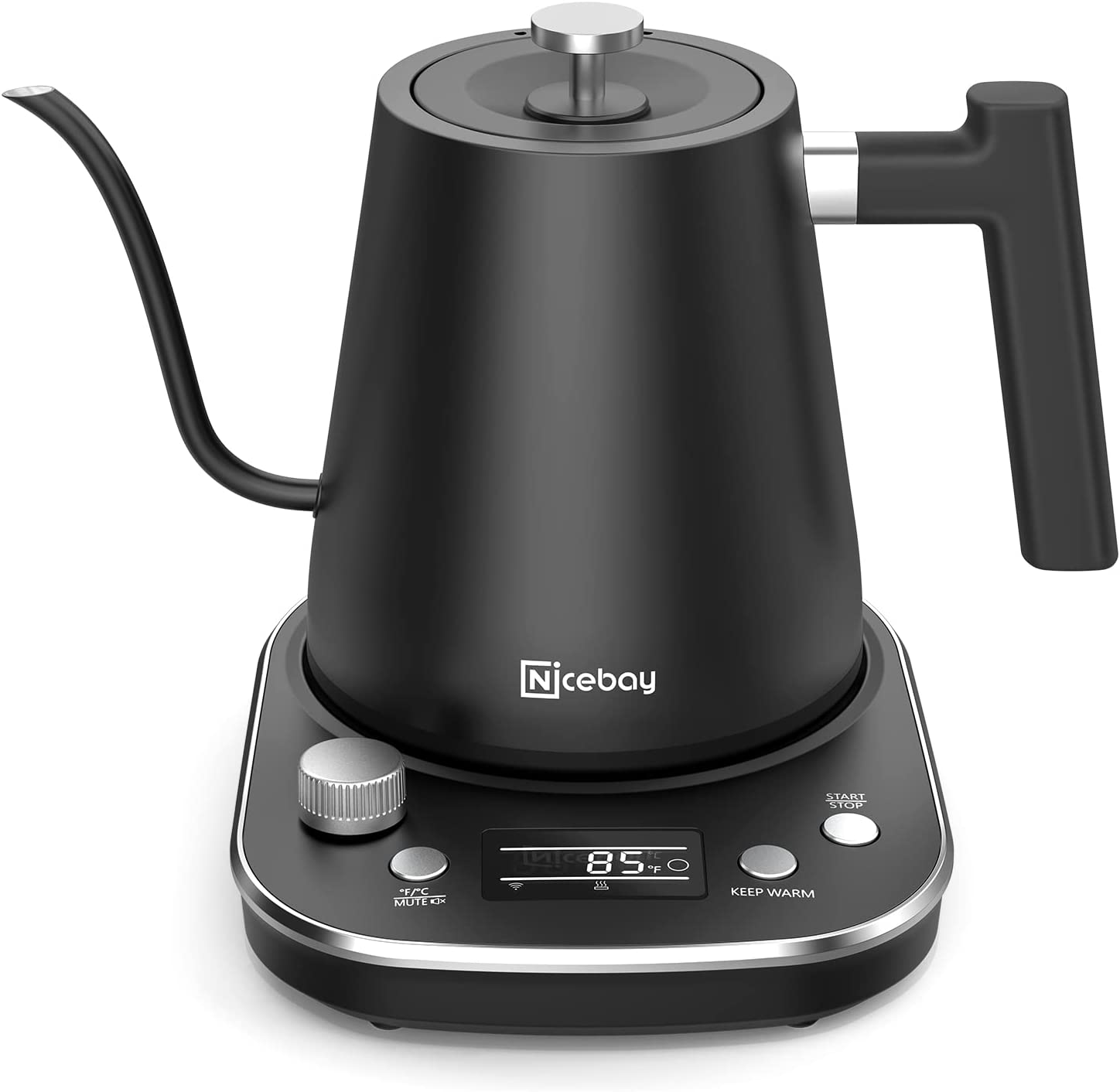 Nicebay Electric Gooseneck Kettle. Electric Kettle with Heating Base with Buttons and LED Display. Pure Stainless Steel Inner Electric Tea Kettle. 1200W Fast Heating. Pour Over Coffee Kettle. 0.8L