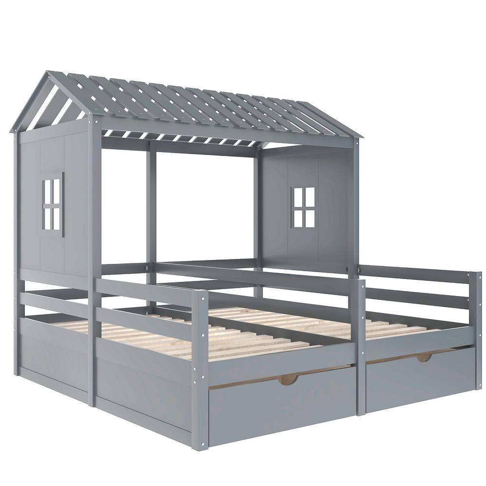 Harper & Bright Designs  77.3 in. W Gray Twin Size Wood Frame Combination of 2 Side by Side Platform Bed