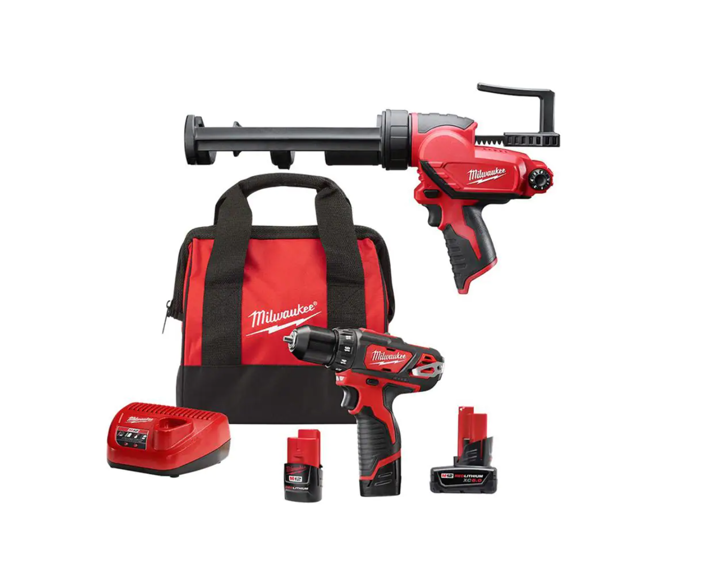 Milwaukee 2407-22-2441-20-48-11-2460 M12 12V Lithium-Ion Cordless 3/8 in. Drill/Driver Kit with M12 10 oz. Caulk & Adhesive Gun & 6.0 Ah XC Battery Pack