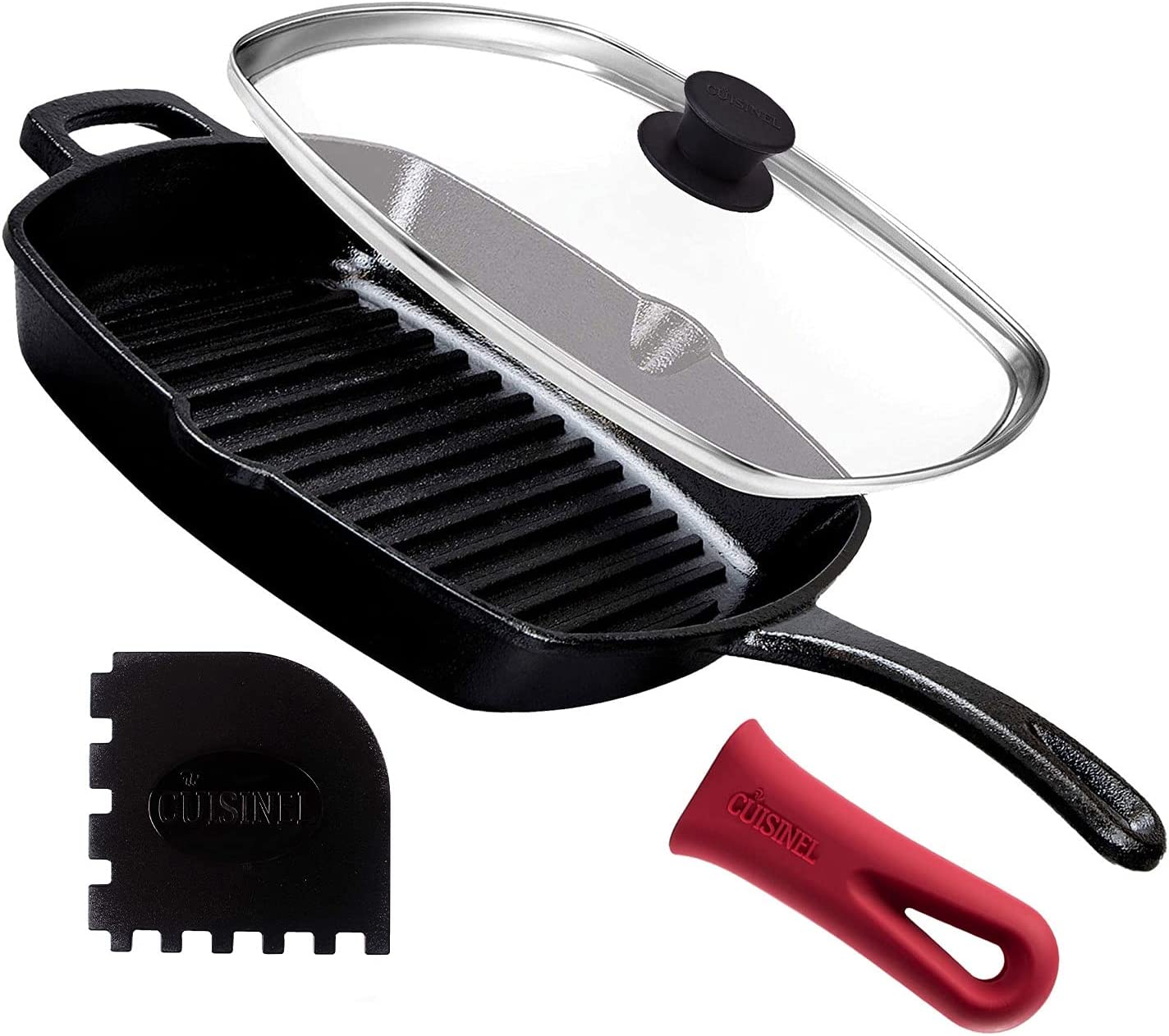 Cuisinel Cast Iron Square Grill Pan with Glass Lid - 10.5 Inch Pre-Seasoned Skillet with Handle Cover and Pan Scraper - Grill. Stovetop. Induction Safe - Indoor and Outdoor Use - for Grilling. Frying. Sauteing