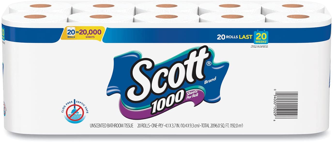 Scott 1000 Bathroom Tissue. 1-Ply. White. 1000 Sheet/Roll. 20/Pack