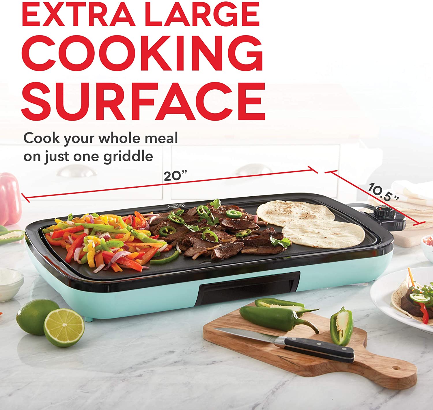 DASH Everyday Nonstick Electric Griddle for Pancakes. Burgers. Quesadillas. Eggs & other on the go Breakfast. Lunch & Snacks with Drip Tray + Included Recipe Book. 20in. 1500-Watt - Aqua