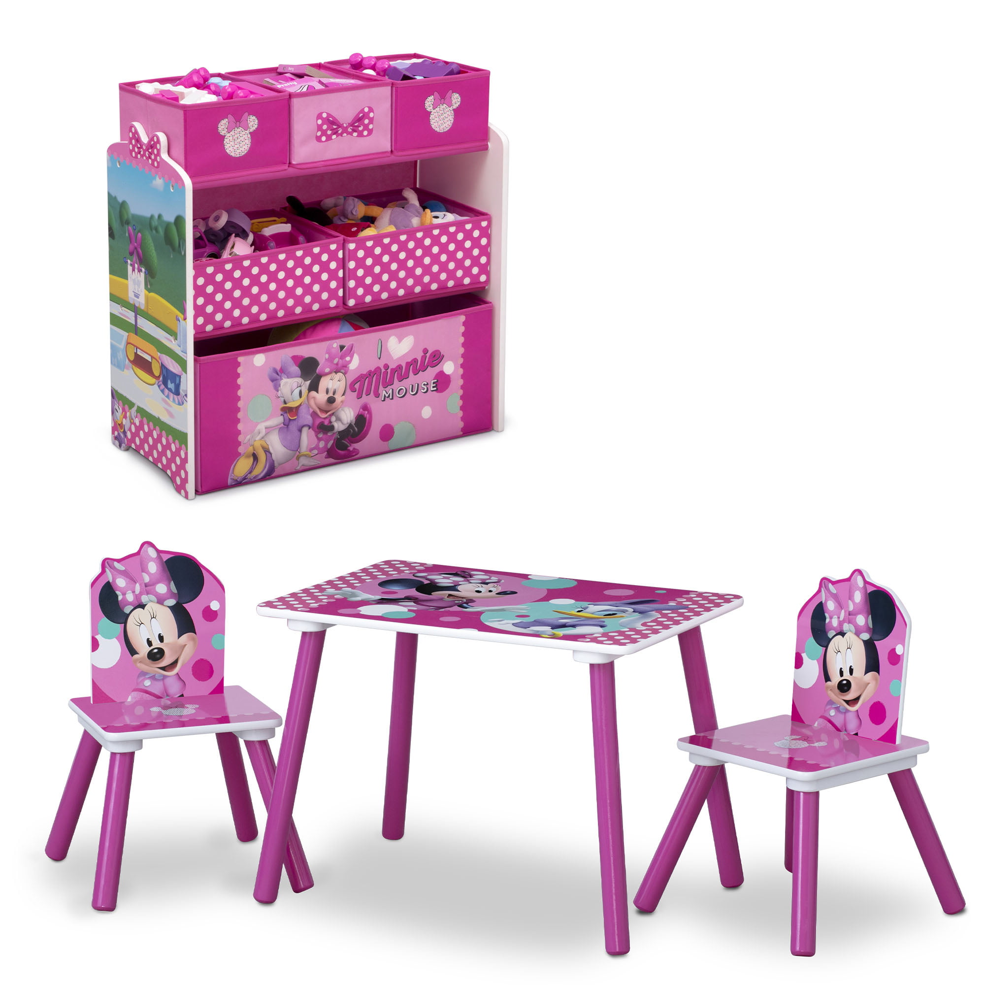Minnie Mouse 4-Piece Wood Toddler Playroom Set – Includes Table. 2 Chairs & Toy Bin. Pink