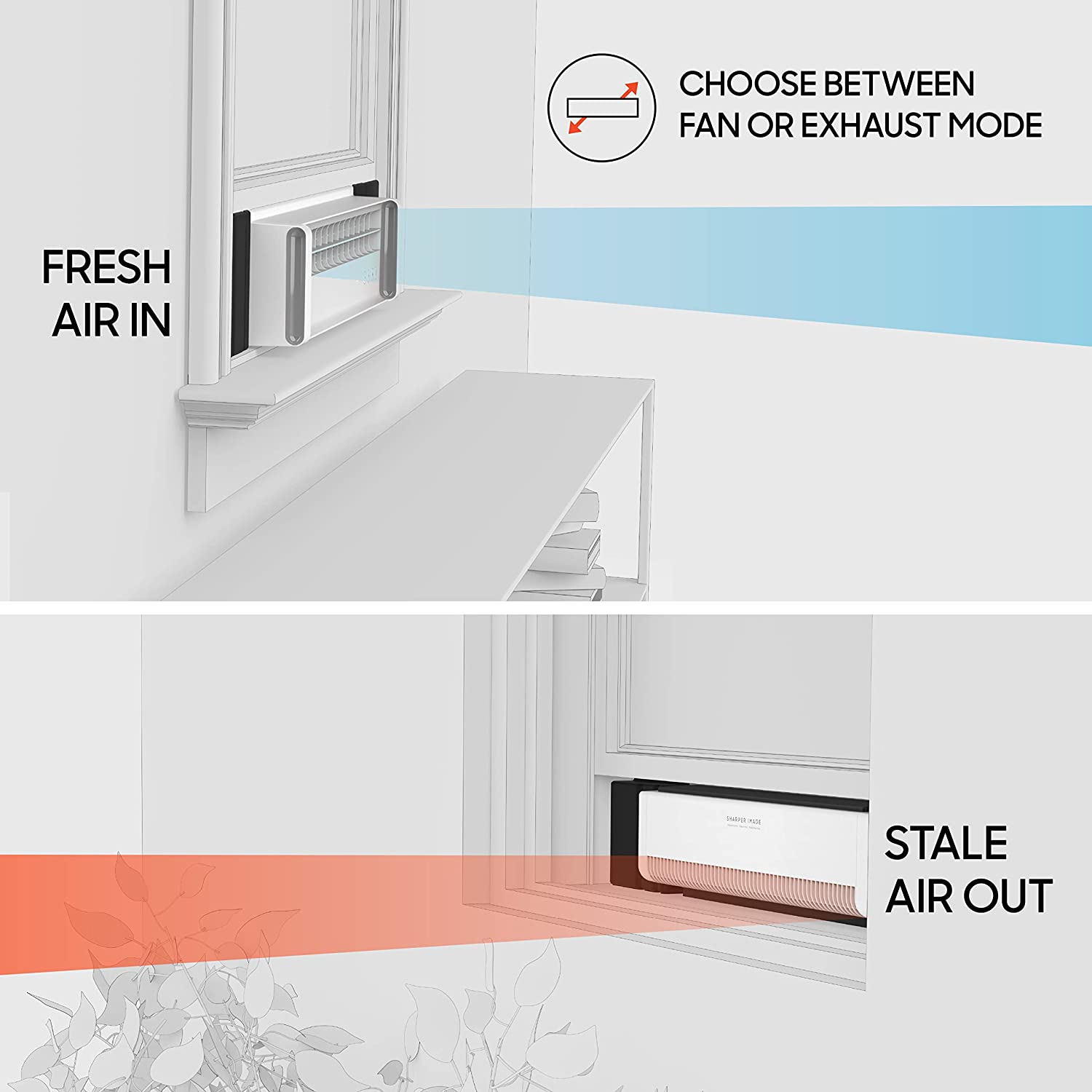 Sharper Image PORTAL Window Fan with 3 Speeds. Reversible Exhaust Mode. Weather Resistant. White. Black