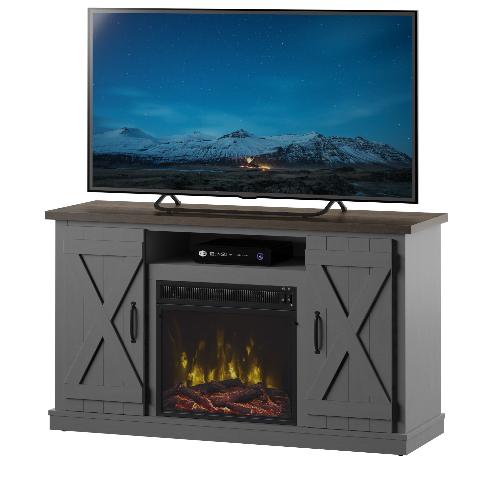 Twin Star Home Barn Door TV Stand for TVs up to 55″ with ClassicFlame Electric Fireplace. Gray