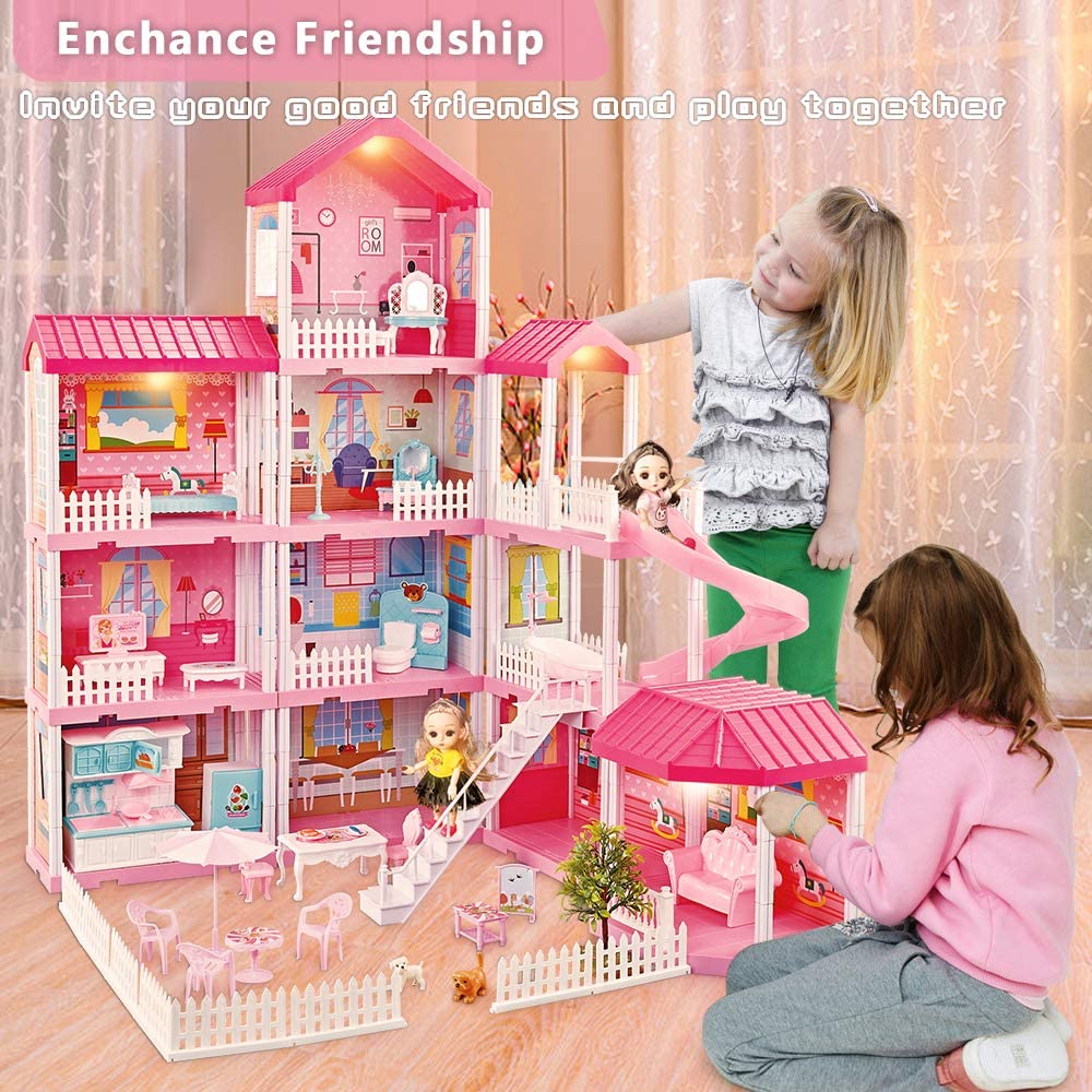 Elf Lab Dreamhouse Dollhouse Building Toys. Playset with Lights. Movable Slides. Stairs. Furniture. Accessories. Dolls. Pets. Cottage Pretend Doll House. DIY Creative Gift for Girls Toddlers(11 Rooms)