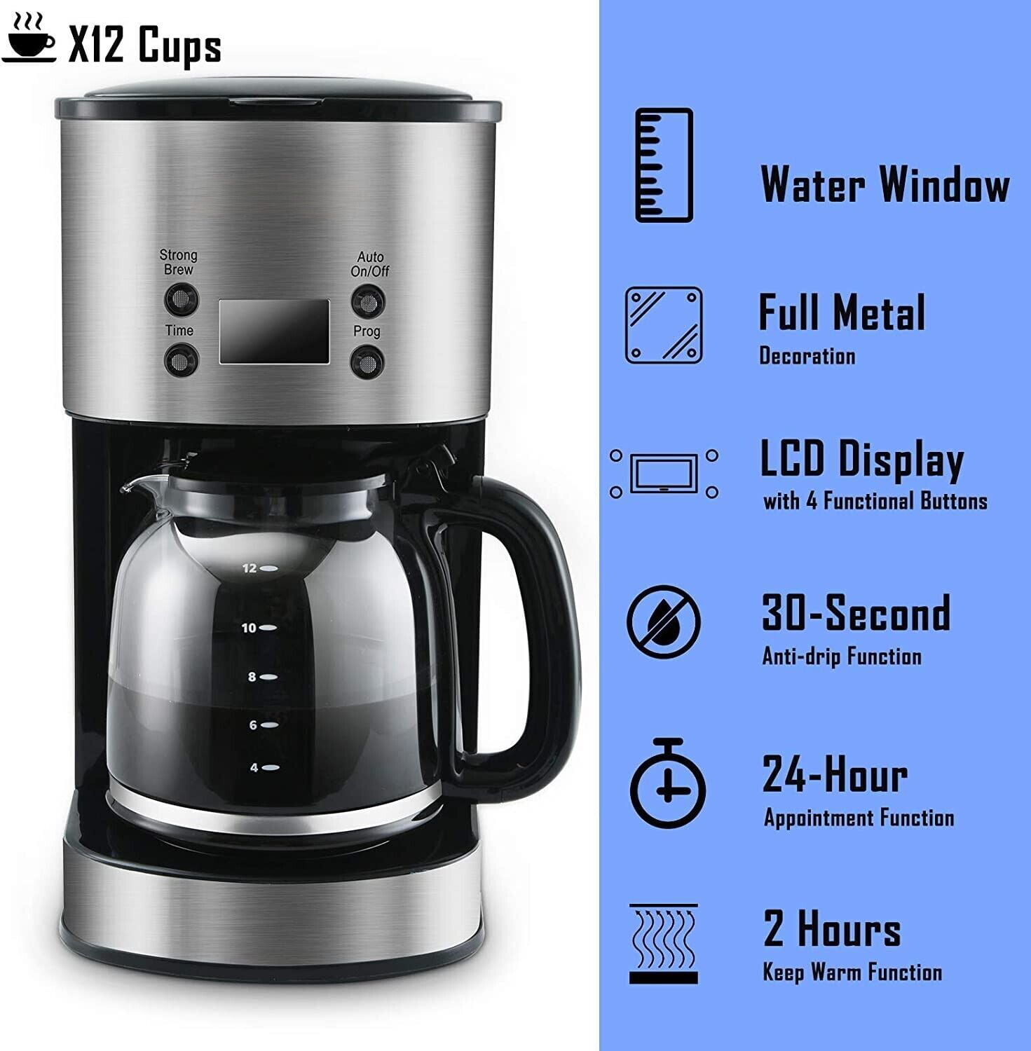 BOSCARE 12 Cup Drip Coffee Maker. Programmable Coffeemaker. Auto Shut-off Coffee Machine. 2 Hours Keep Warm Glass Coffee Pot. LCD Display. Removable Filter. Stainless Steel. Silver