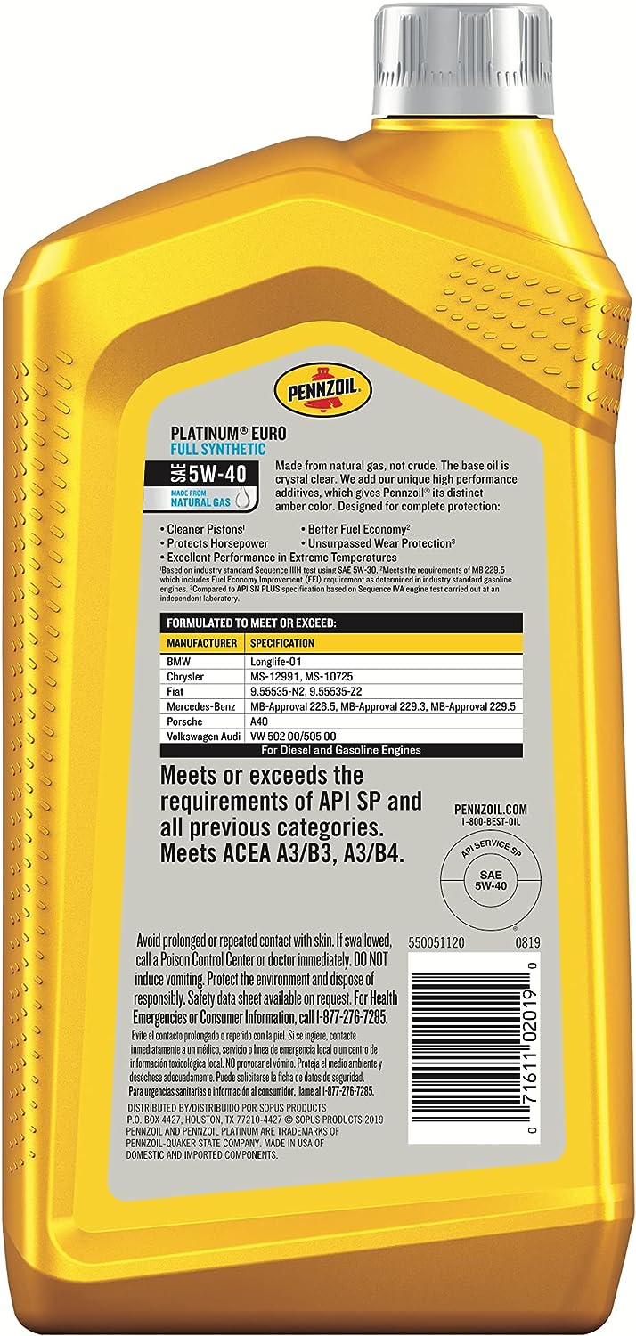 Pennzoil Platinum Euro Full Synthetic 5W-40 Motor Oil (1-Quart. Case of 6)