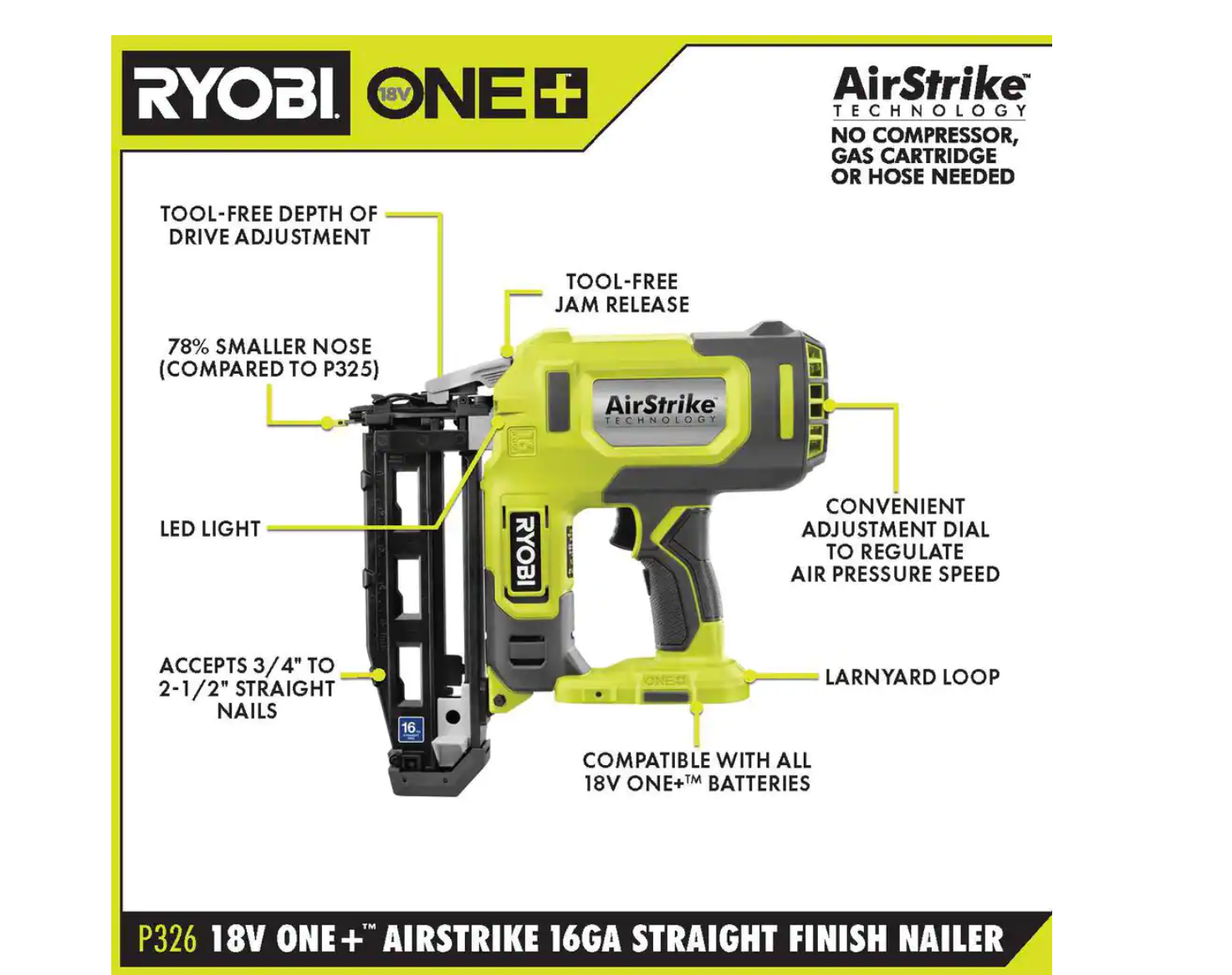 RYOBI P326KN ONE+ 18V 16-Gauge Cordless AirStrike Finish Nailer with 1.5 Ah Battery and Charger