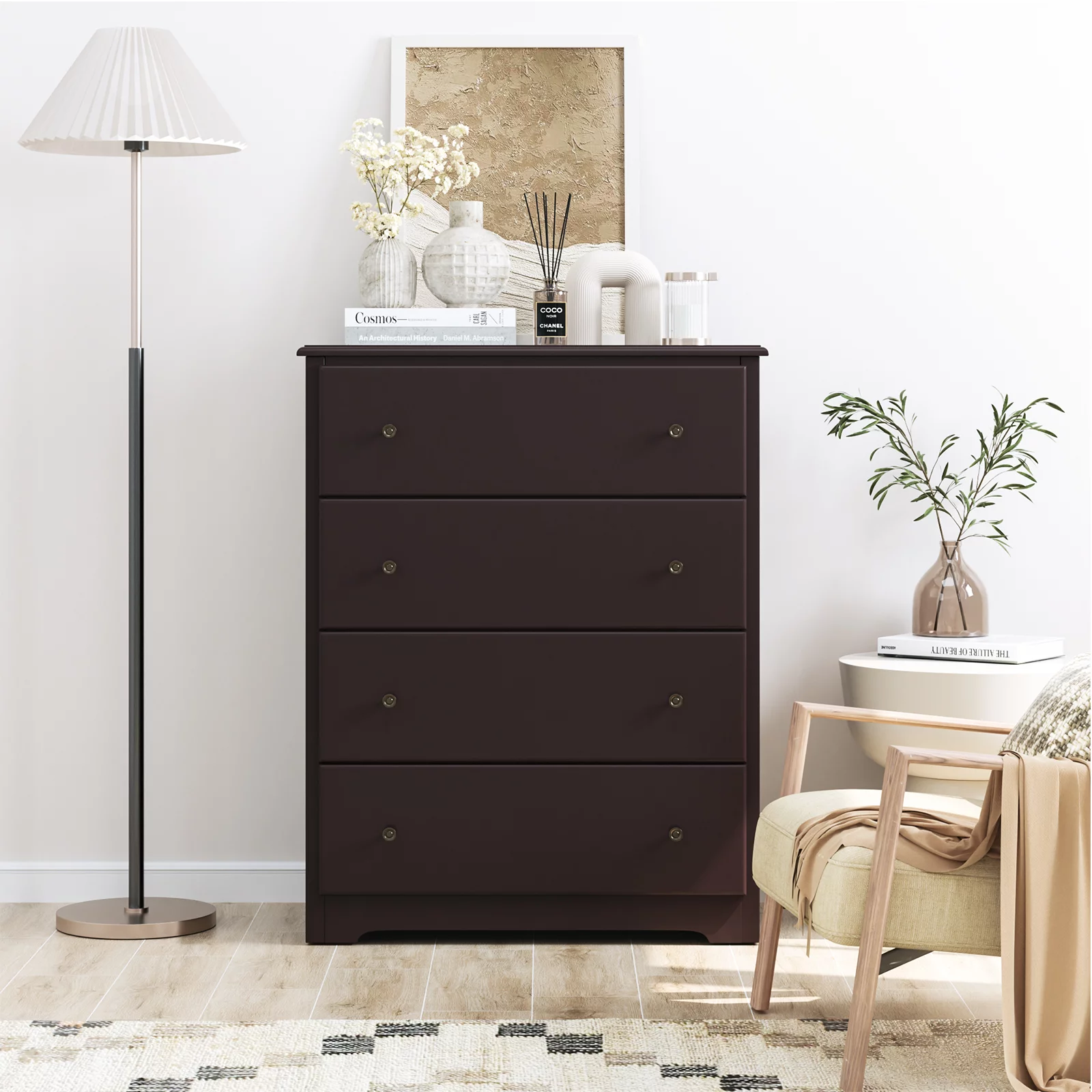 Homfa Dresser for Bedroom. Horizontal Dresser Chest with 4 Drawers. Dark Brown
