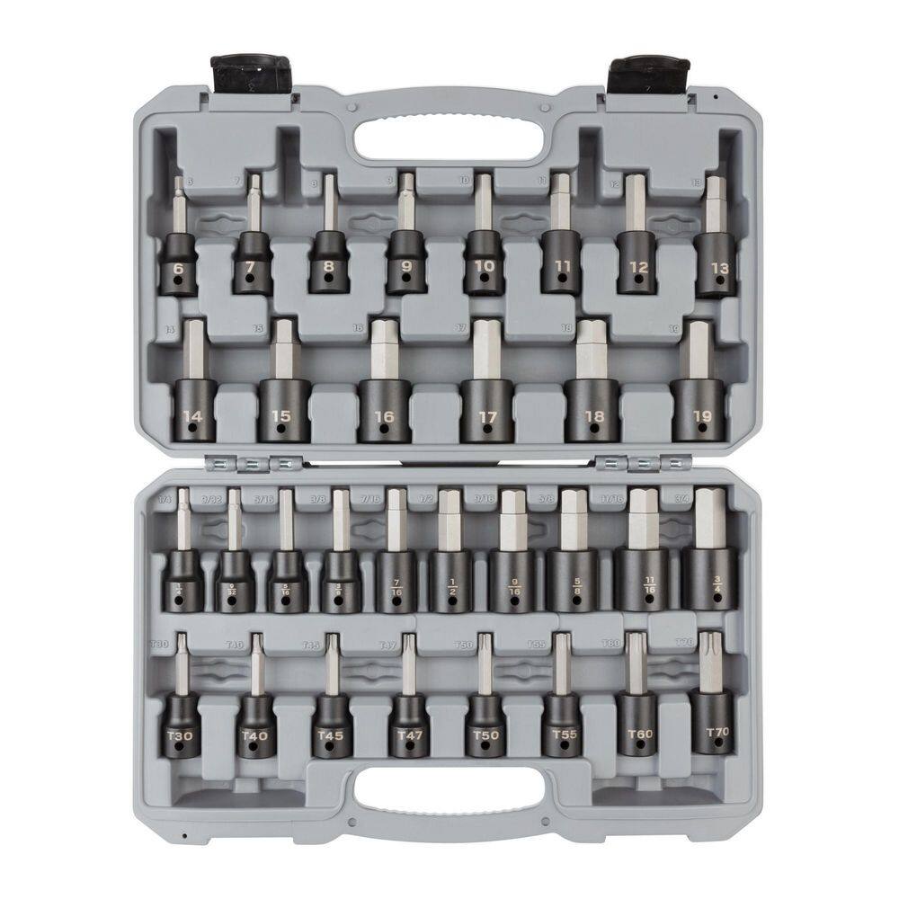 TEKTON SIB92312 1/2 in. Drive Hex/Torx Bit Impact Socket Set. 32-Piece (1/4-3/4 in.. 6-19 mm. T30-T70)