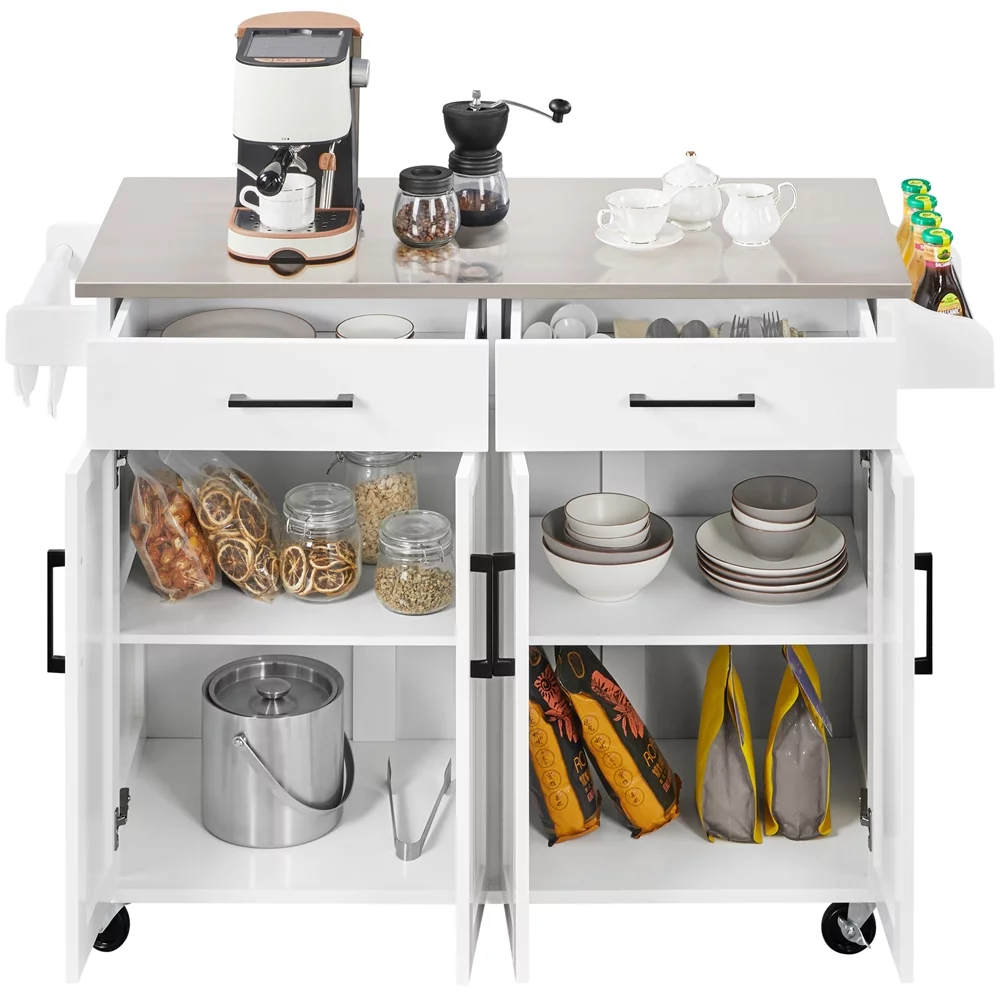 Easyfashion Large Kitchen Island Cart with Stainless steel tabletop. White