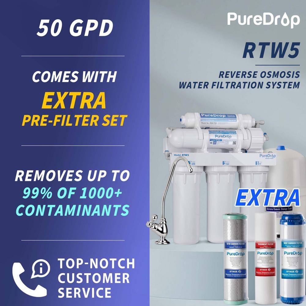 PureDrop RTW5 5 Stage Reverse Osmosis Water Filtration System with Pre-Filter Kit