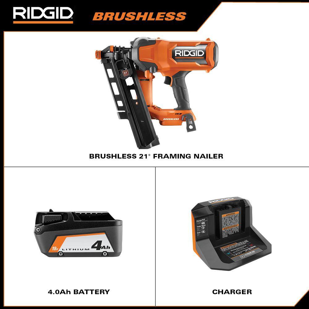RIDGID R09894KN 18V Brushless Cordless 21° 3-1/2 in. Framing Nailer Kit with 4.0 Ah Battery and Charger