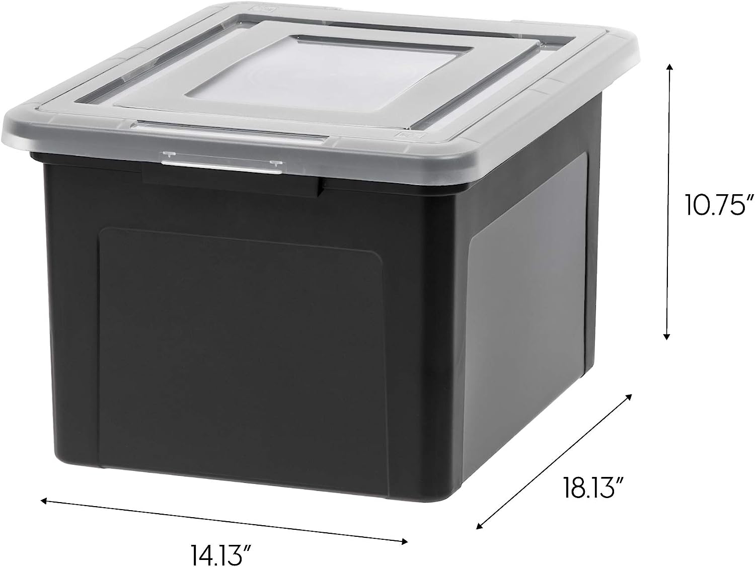 IRIS USA Letter/Legal File Tote Box. 4 Pack. BPA-Free Plastic Storage Bin Tote Organizer with Durable and Secure Latching Lid. Stackable and Nestable. Black/Clear