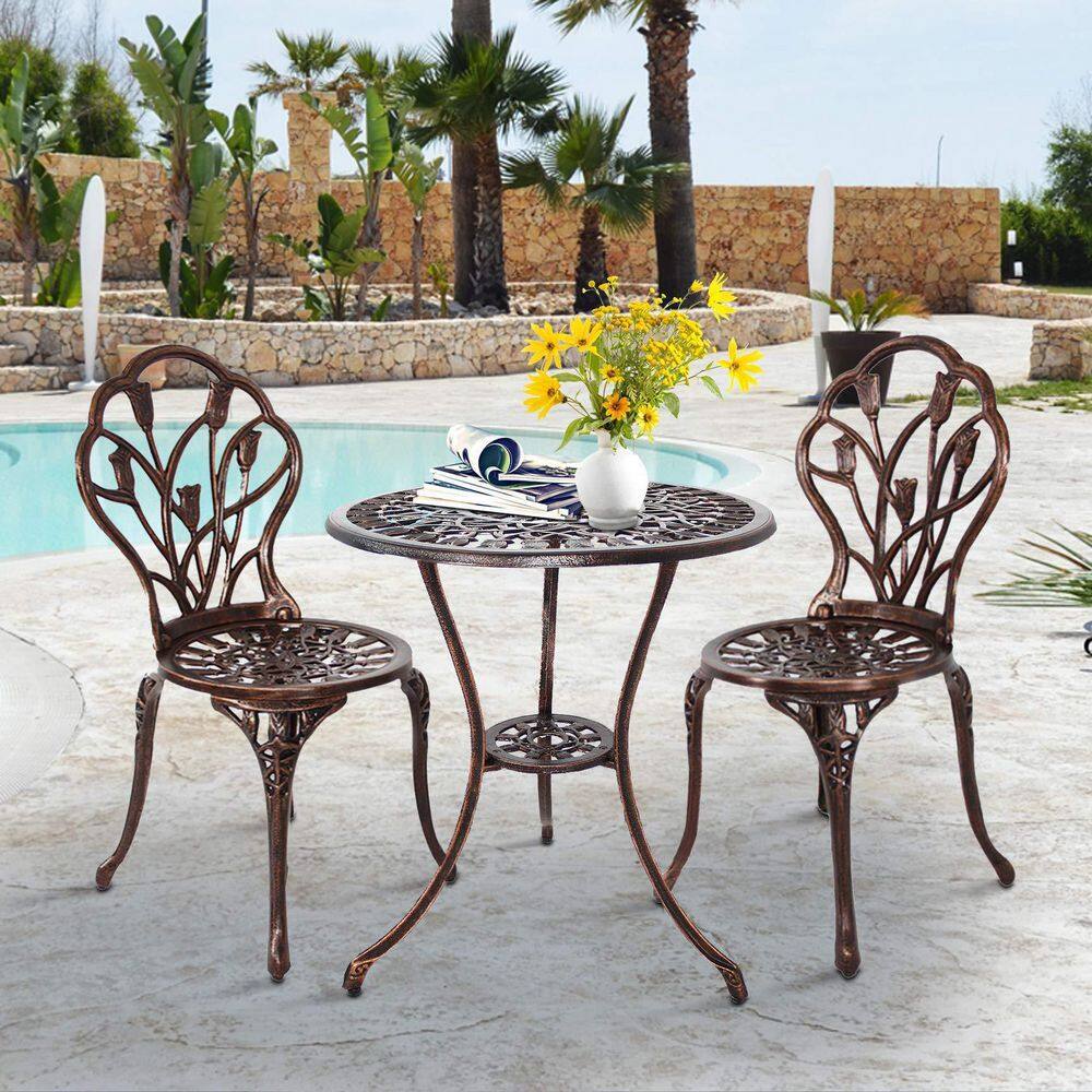 DESwan  Sheree Bronze 3-Piece Cast Aluminum Round Outdoor Bistro Set With Patio Table and Bistro Chairs
