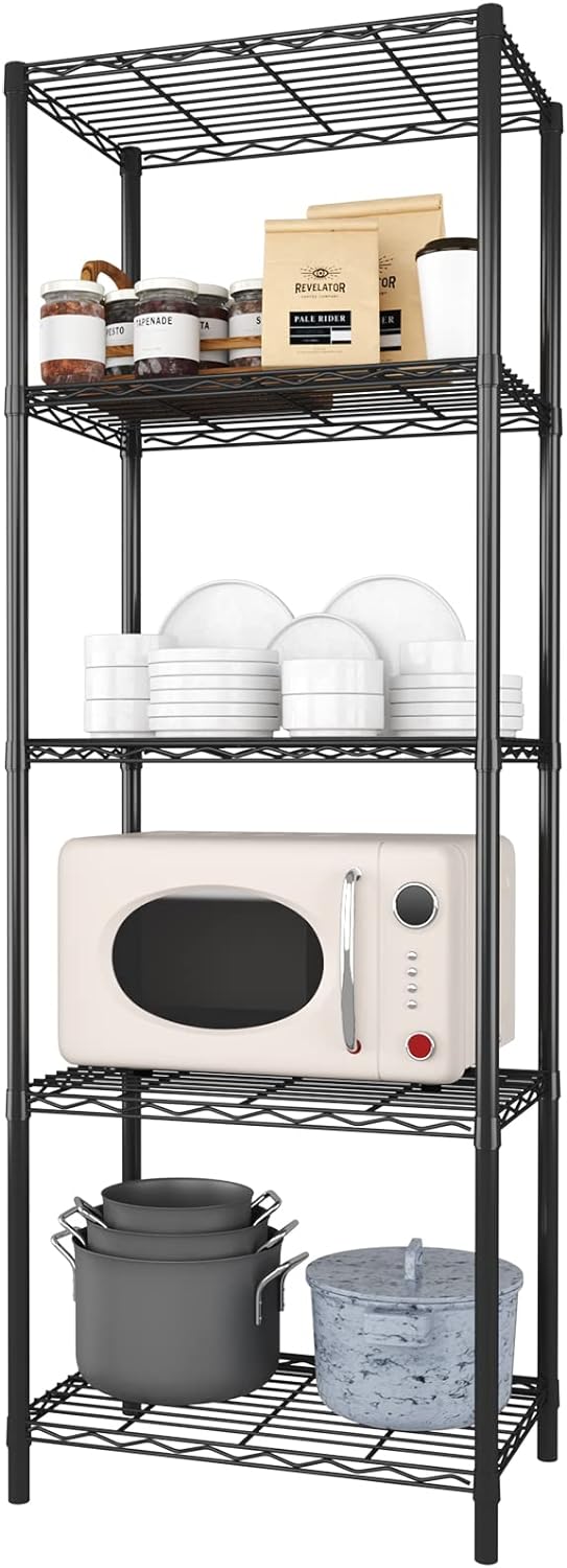 JEROAL 5-Tier Wire Shelving Unit. Multipurpose Standing Storage Shelves Metal Display Rack for Pantry Laundry Bathroom Kitchen Garage Closet Organization.350LbS Capacity.13.8″ D×21″ W×61″ H.Black