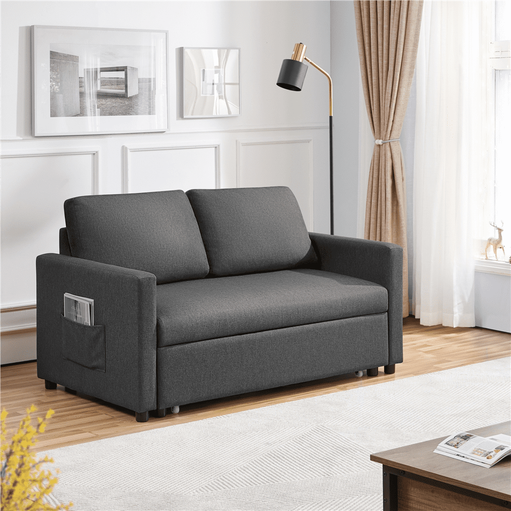 Alden Design Linen Loveseat Sofa with Pull-Out Trundle Bed. Dark Gray
