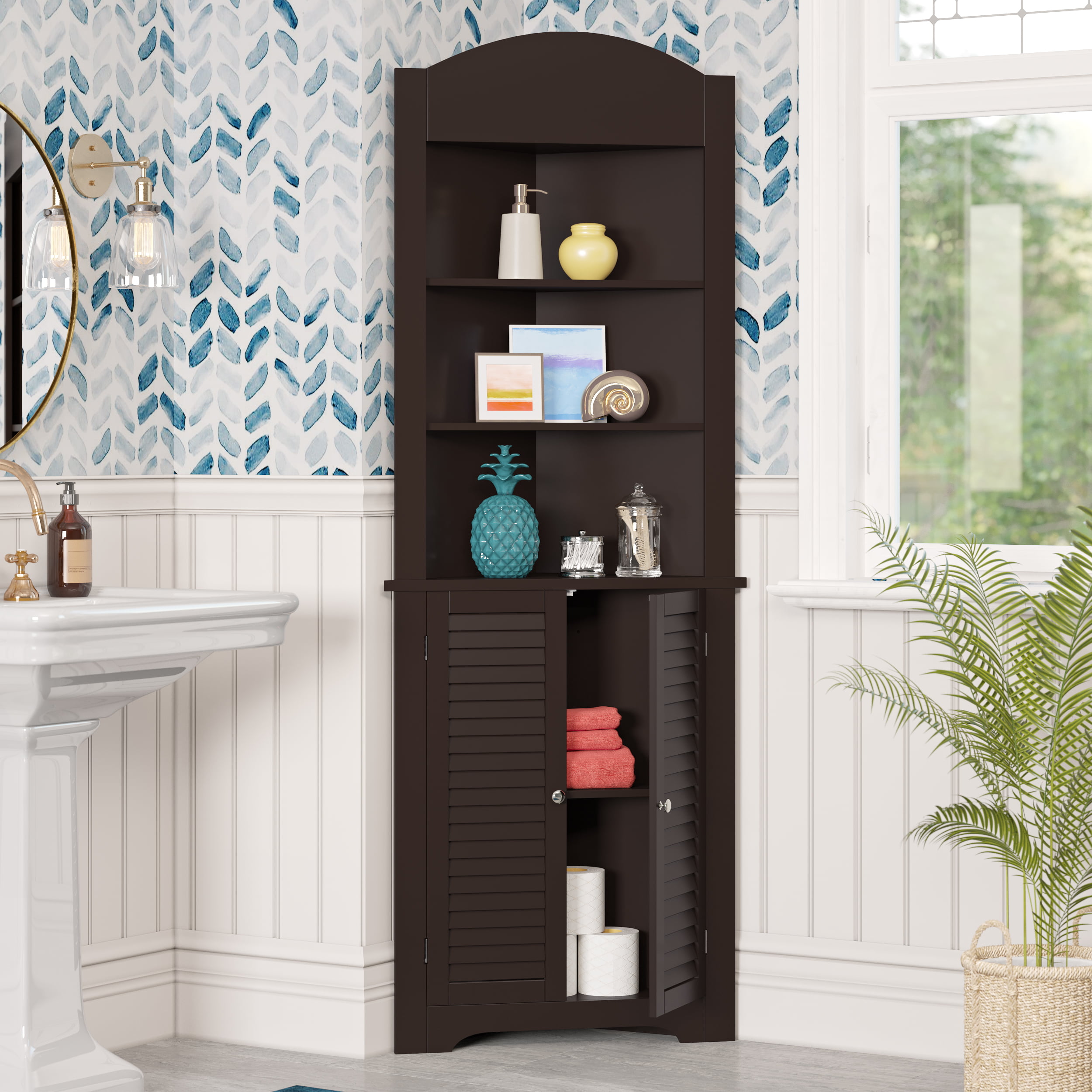 RiverRidge Home Ellsworth Collection - Tall Corner Storage Cabinet. Espresso