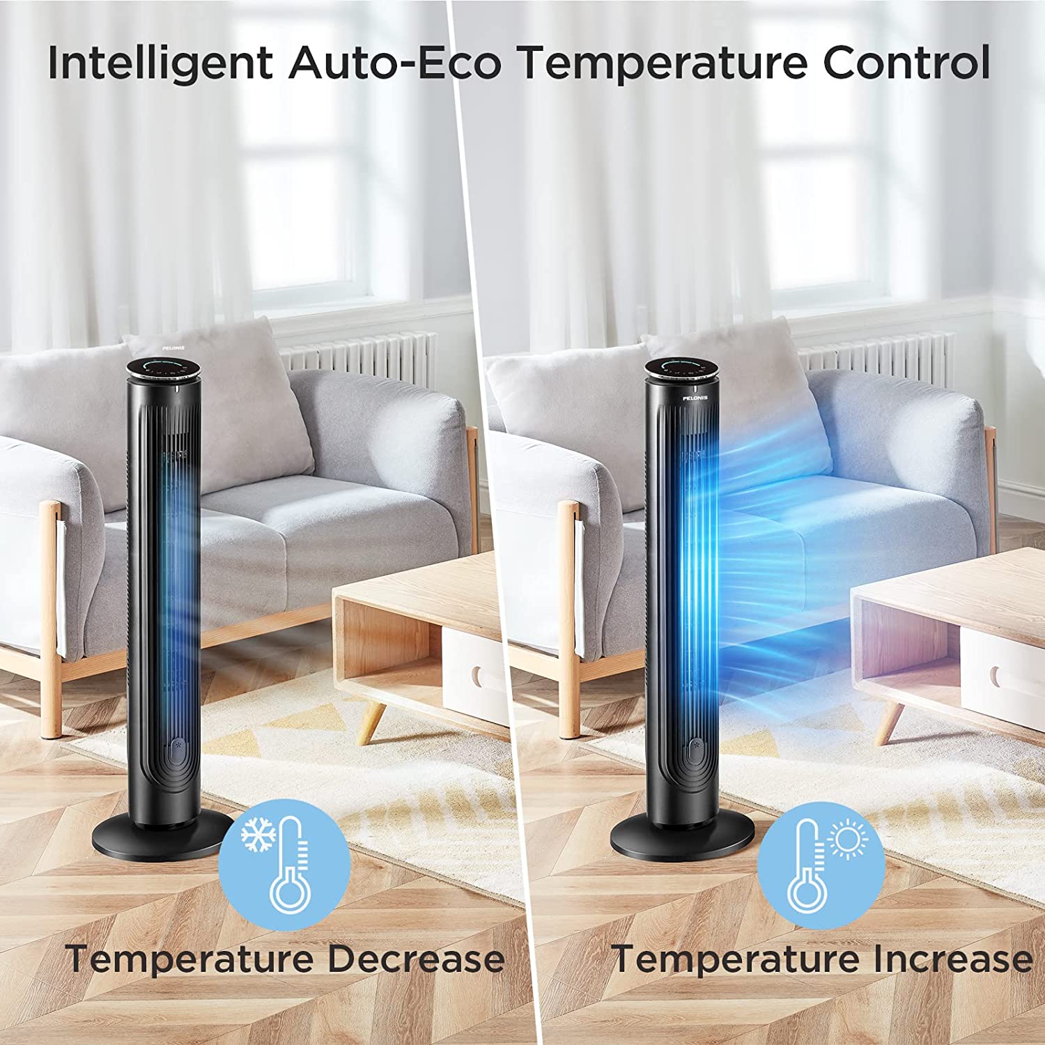 PELONIS 42'' Oscillating Tower Fan with Aromatherapy Diffuser. Remote Control. Black